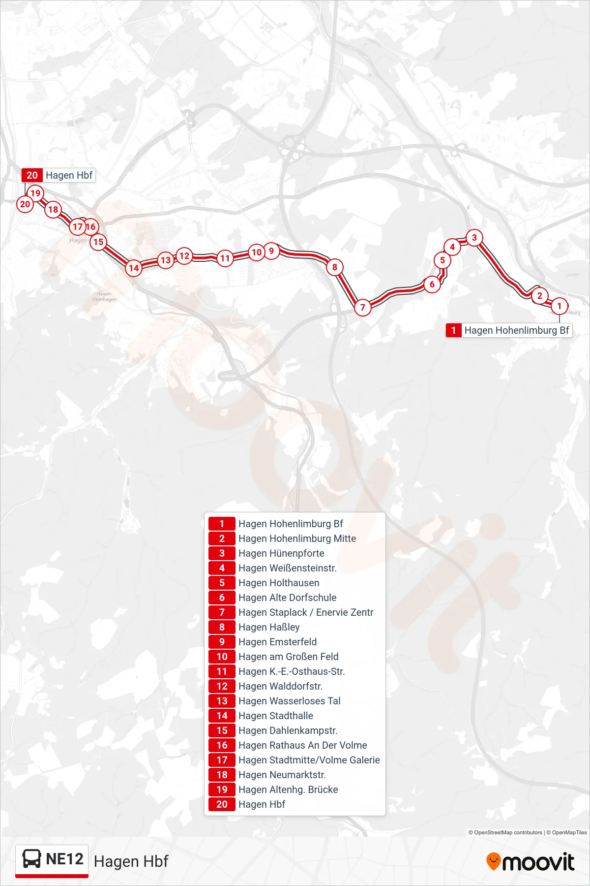 Linie NE12 (Bus) Richtung Hagen Hbf: Route und Haltestellen auf der Karte