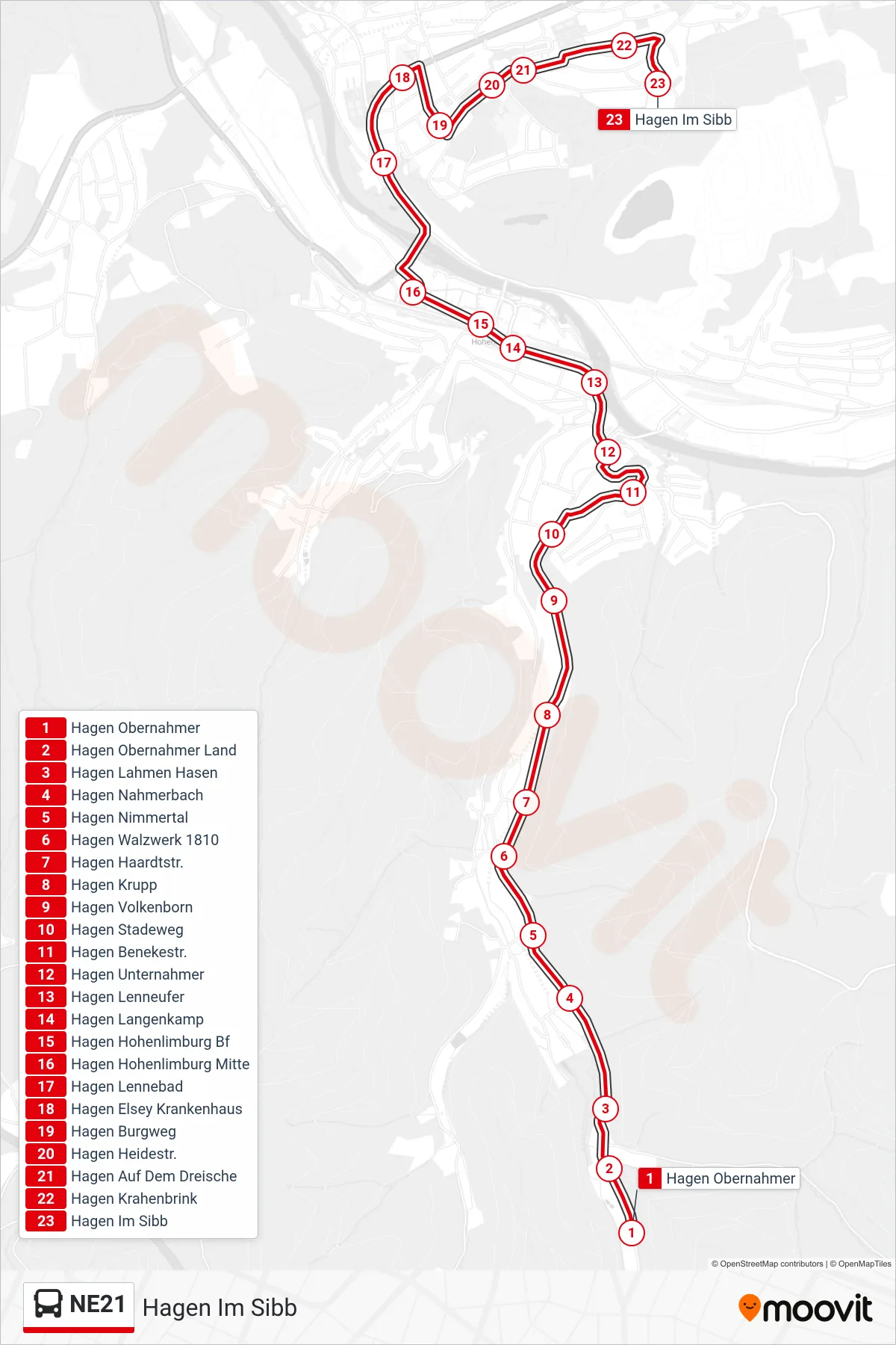 NE21 bus Line (Hagen Im Sibb) route and stops on a map
