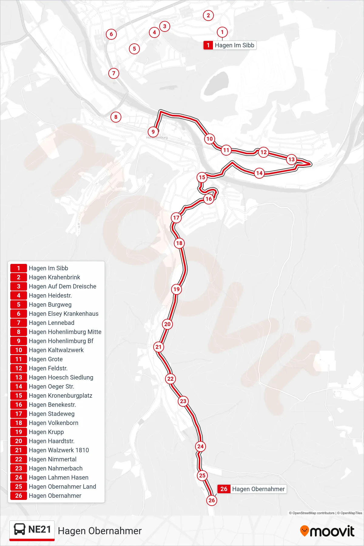 Linie NE21 (Bus) Richtung Hagen Obernahmer: Route und Haltestellen auf der Karte