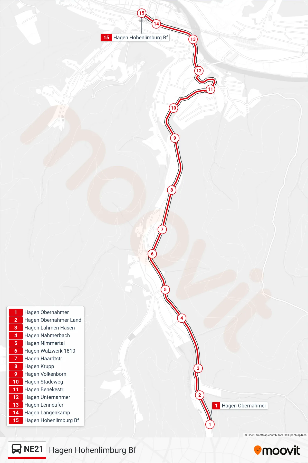 NE21 bus Line (Hagen Hohenlimburg Bf) route and stops on a map