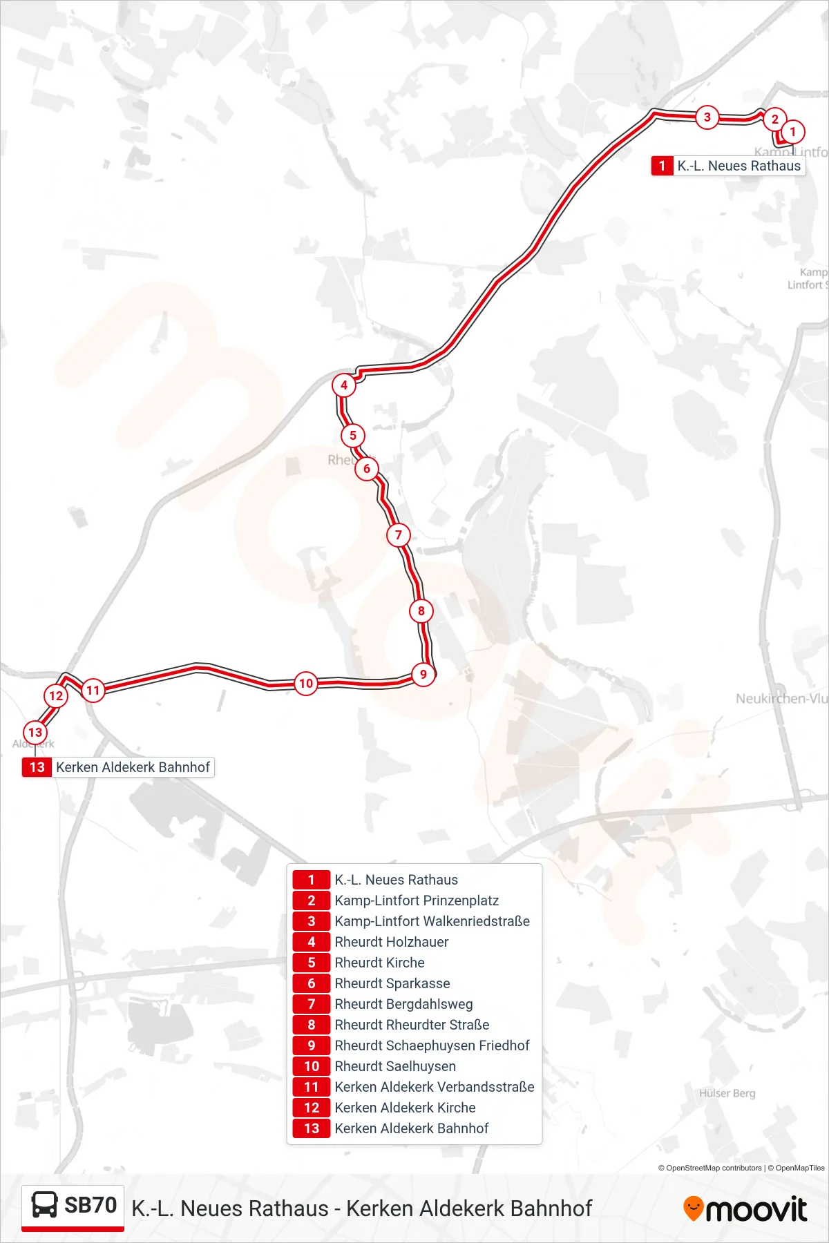 SB70 bus Line (Kerken Aldekerk Bahnhof) route and stops on a map