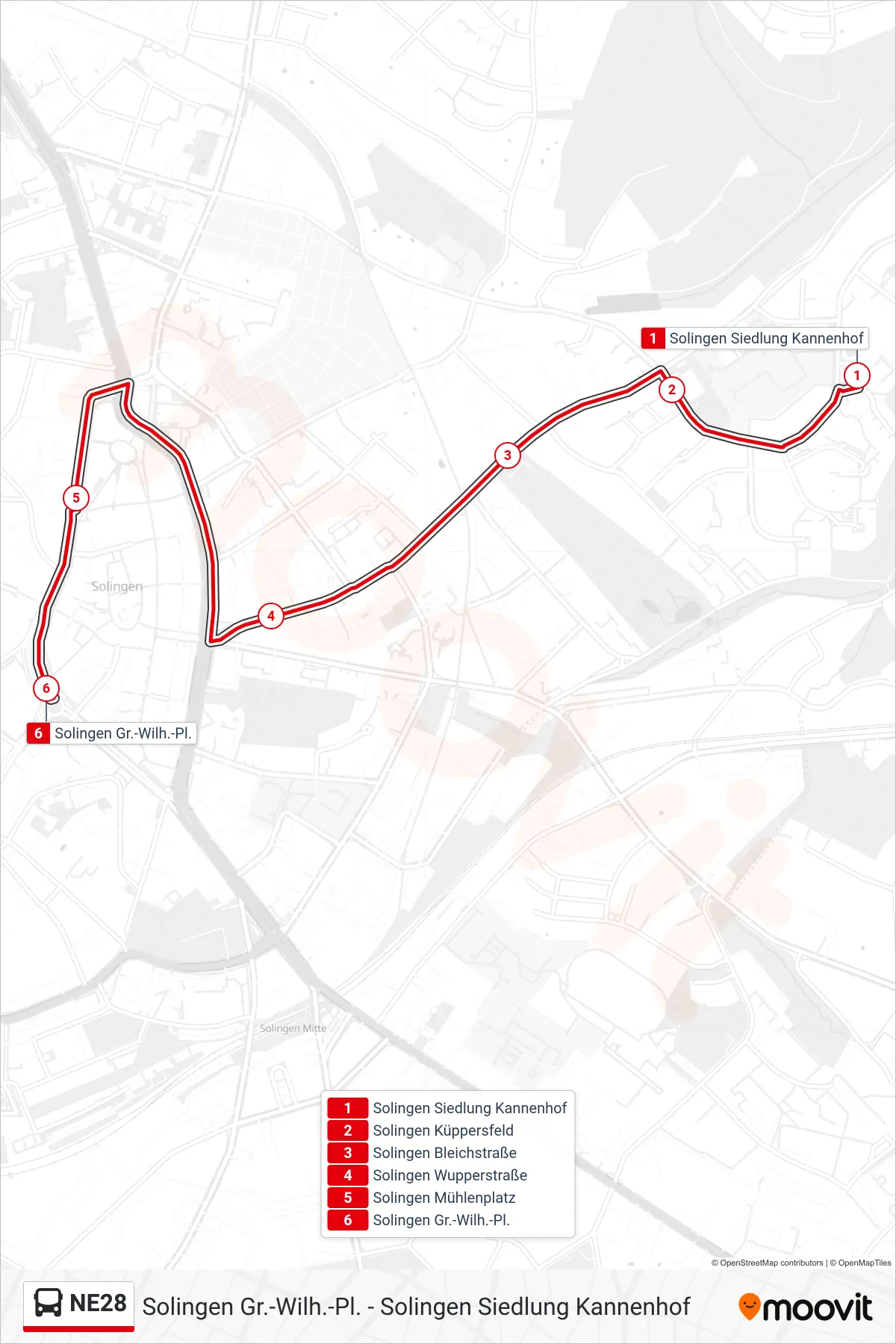Linie NE28 (Bus) Richtung Solingen Gr.-Wilh.-Pl.: Route und Haltestellen auf der Karte