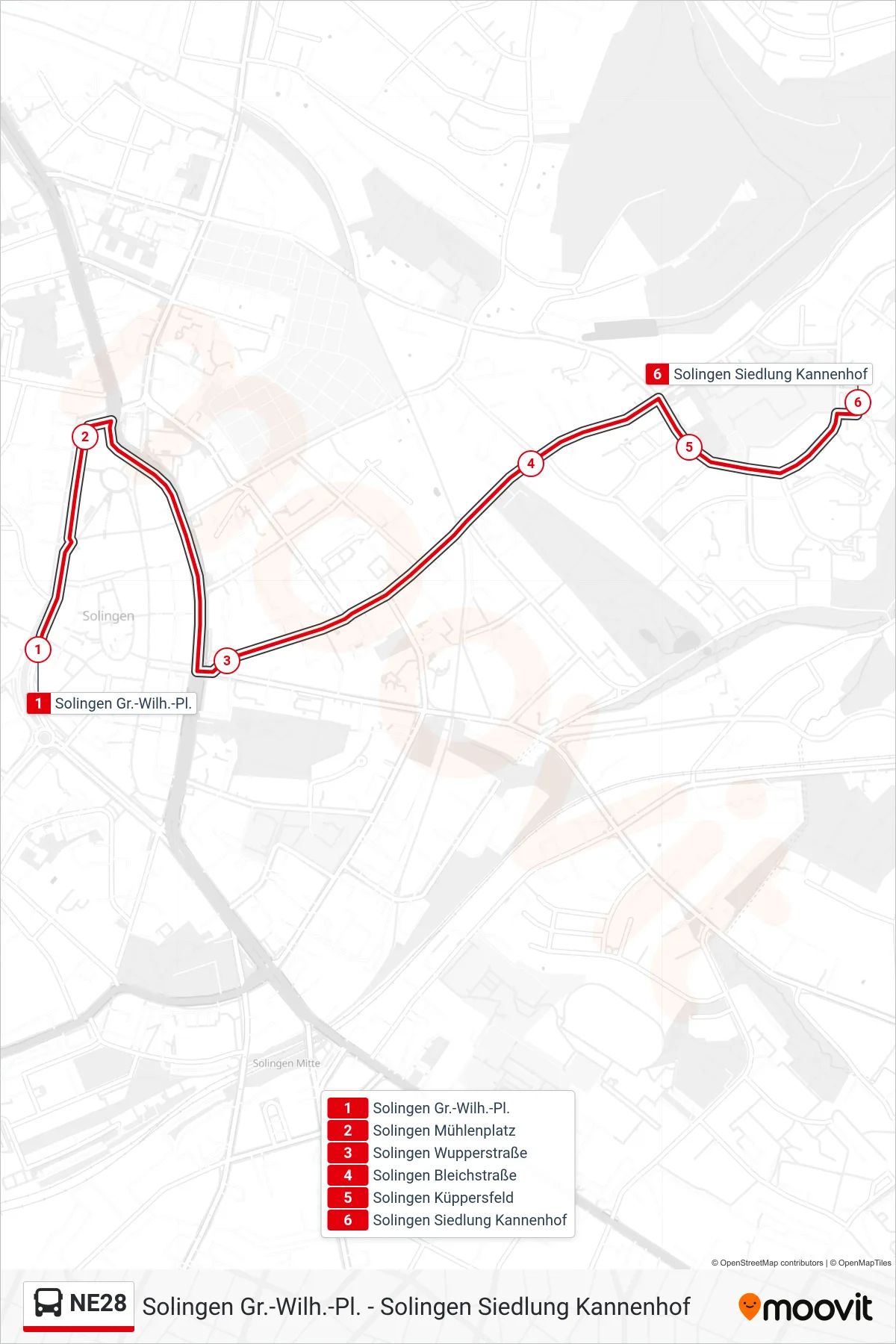 NE28 bus Line (Solingen Siedlung Kannenhof) route and stops on a map