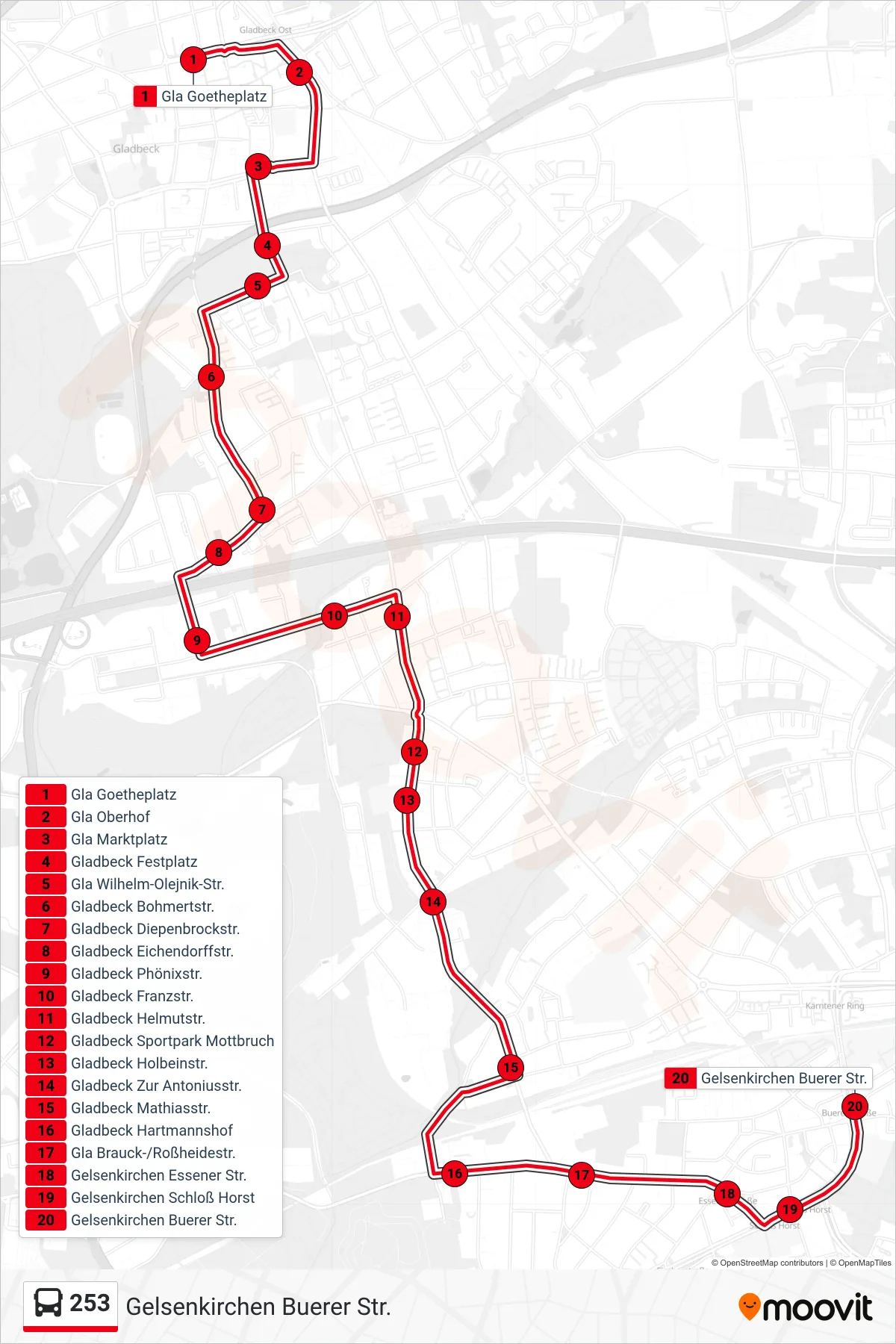 Linie 253 (Bus) Richtung Gelsenkirchen Buerer Str.: Route und Haltestellen auf der Karte