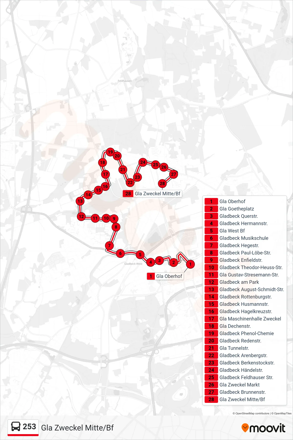 Linie 253 (Bus) Richtung Gla Zweckel Mitte/Bf: Route und Haltestellen auf der Karte