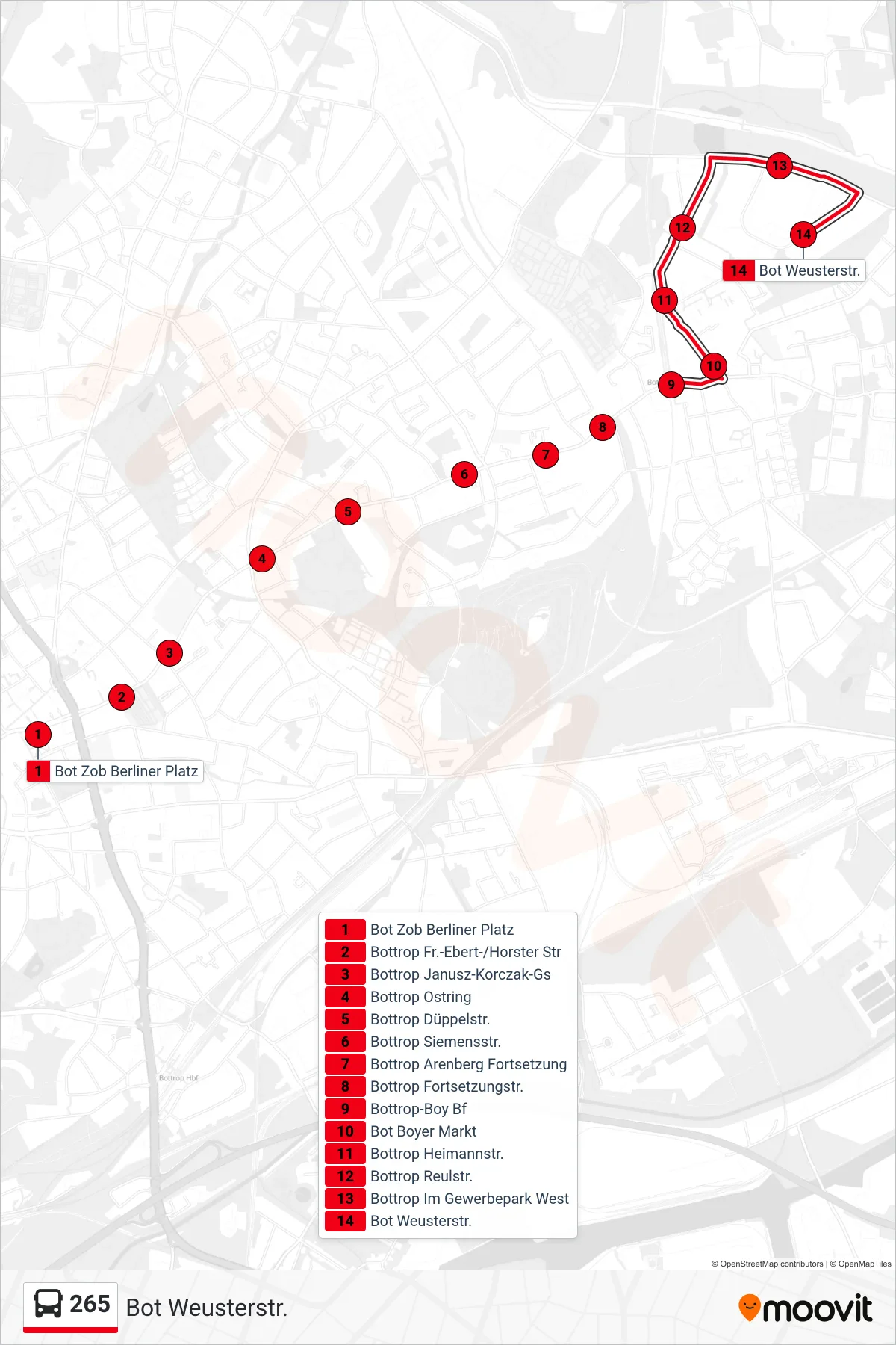 Linie 265 (Bus) Richtung Bot Weusterstr.: Route und Haltestellen auf der Karte