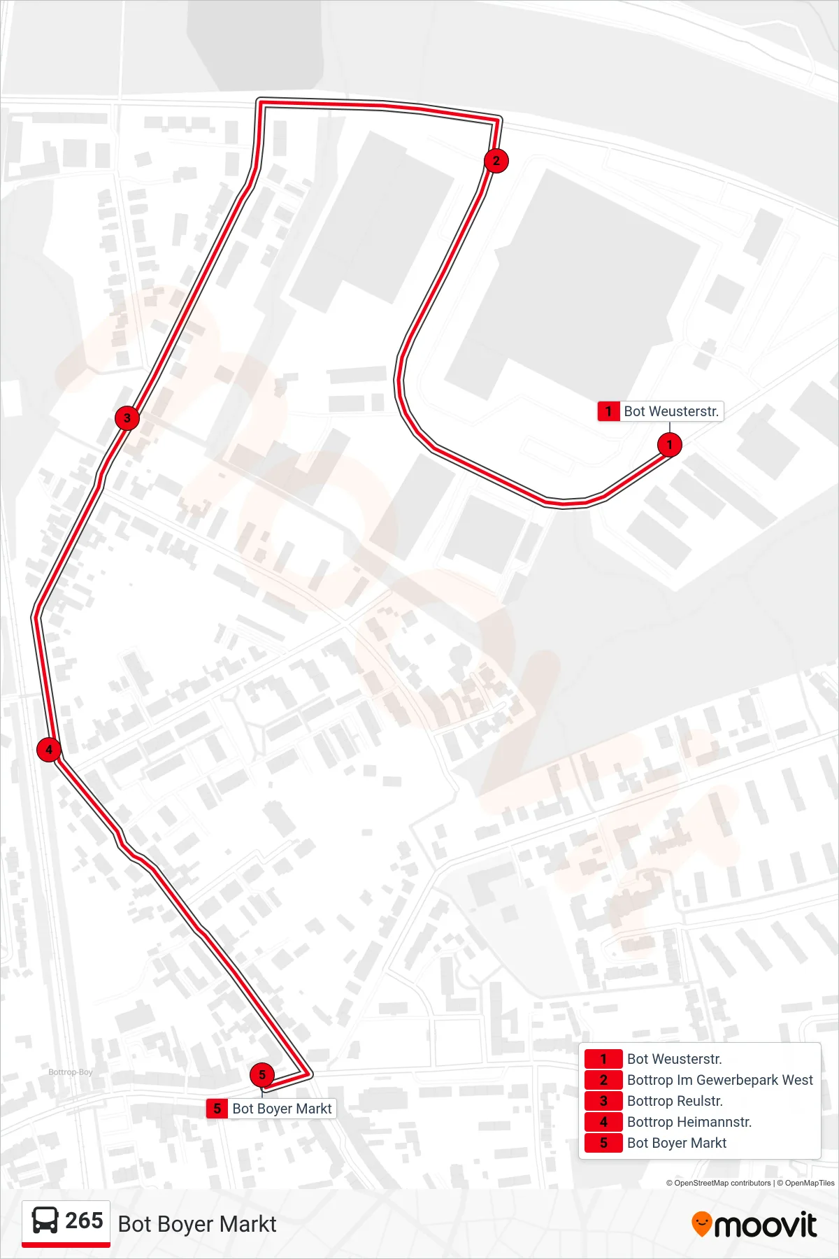 265 bus Line (Bot Boyer Markt) route and stops on a map