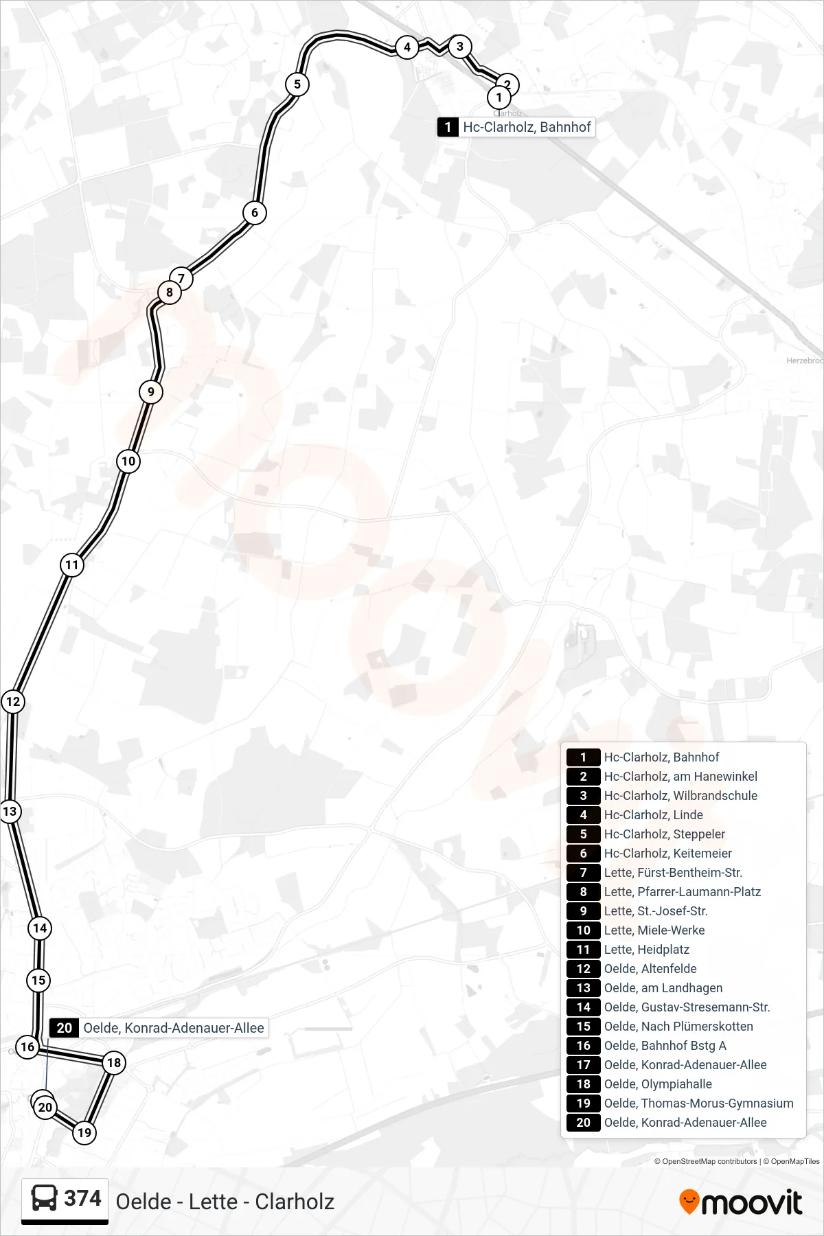 374 tram Line (Oelde, Konrad-Adenauer-Allee) route and stops on a map