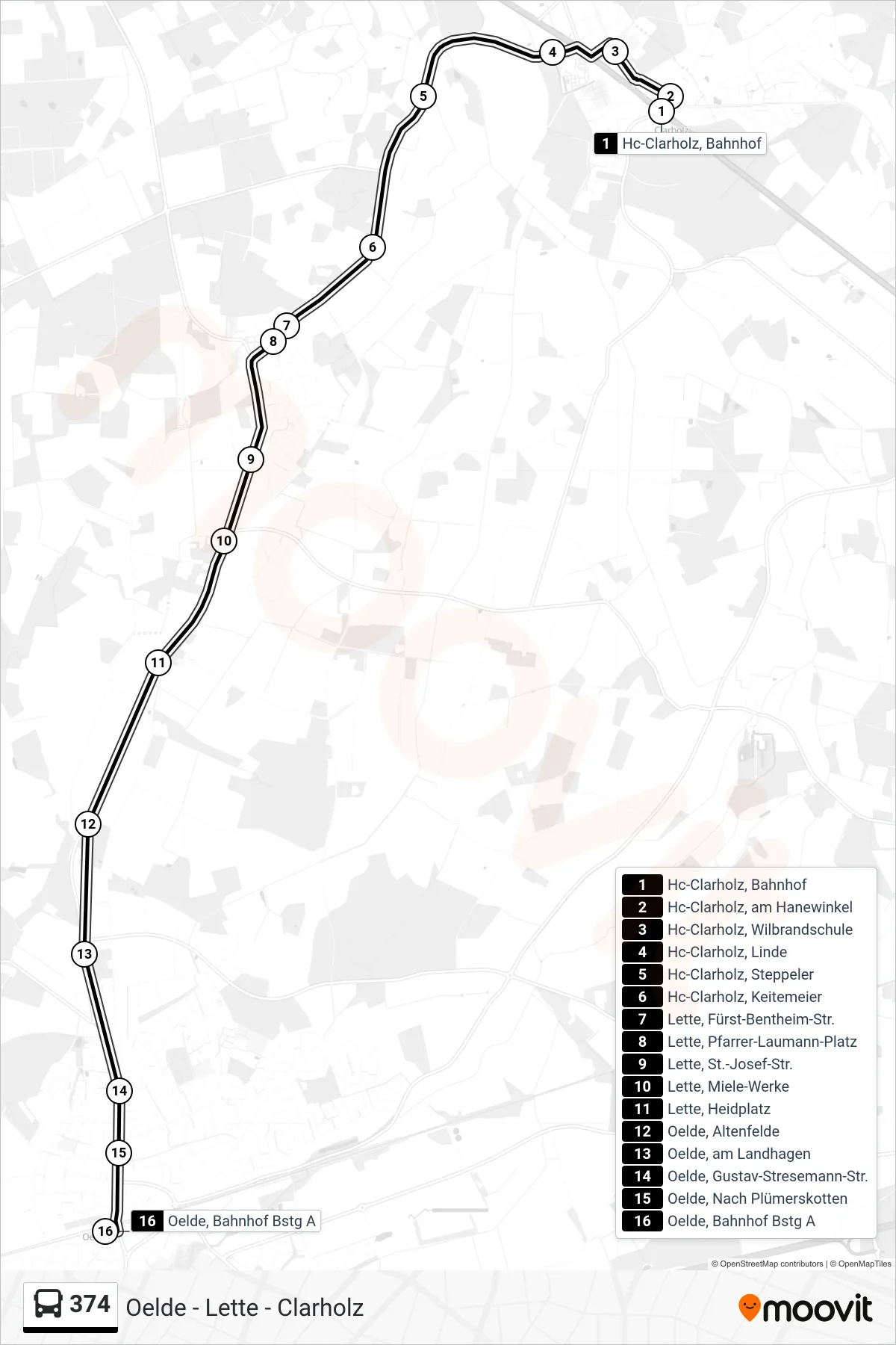 Linie 374 (Tram) Richtung Oelde, Bahnhof Bstg A: Route und Haltestellen auf der Karte