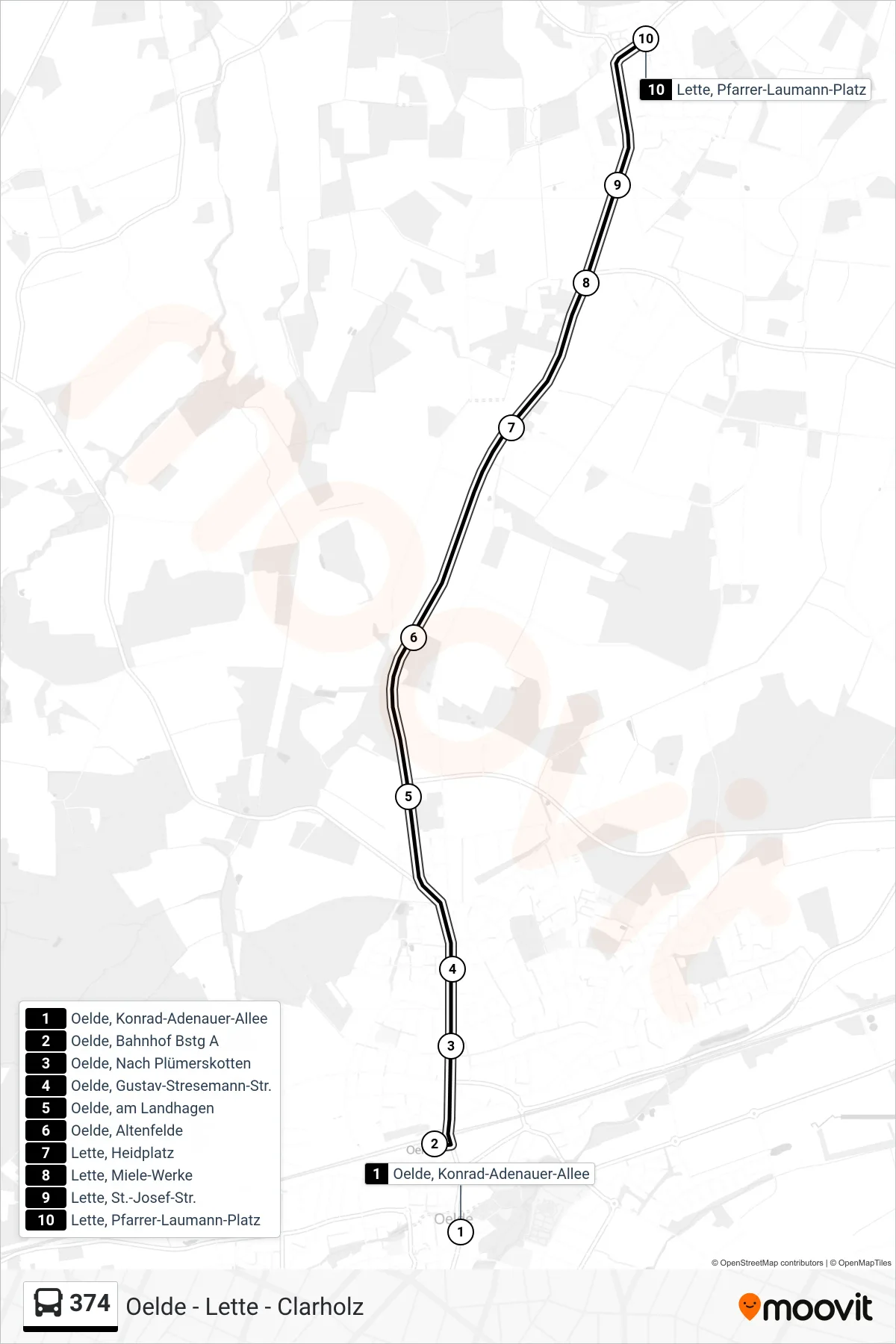 374 tram Line (Lette, Pfarrer-Laumann-Platz) route and stops on a map