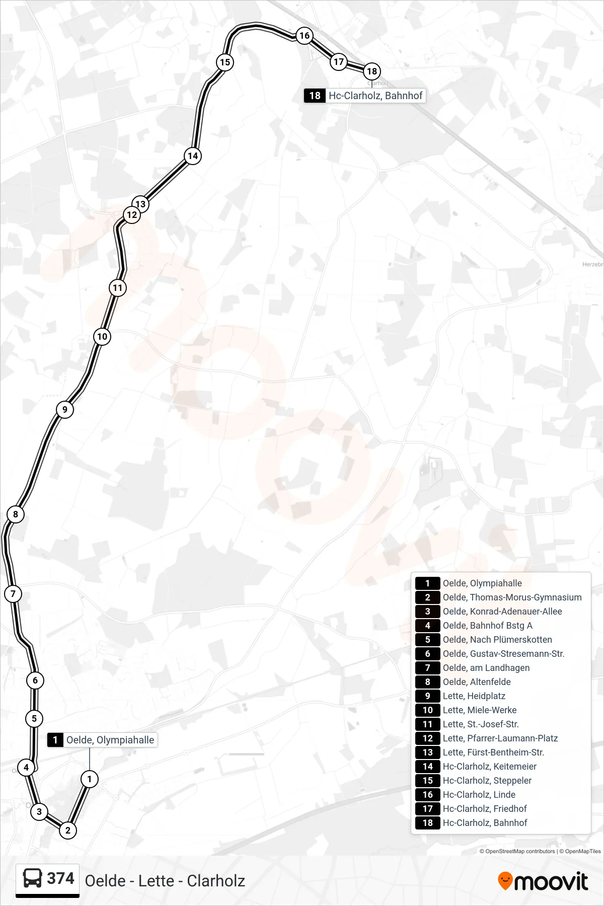 374 tram Line (Hc-Clarholz, Bahnhof) route and stops on a map