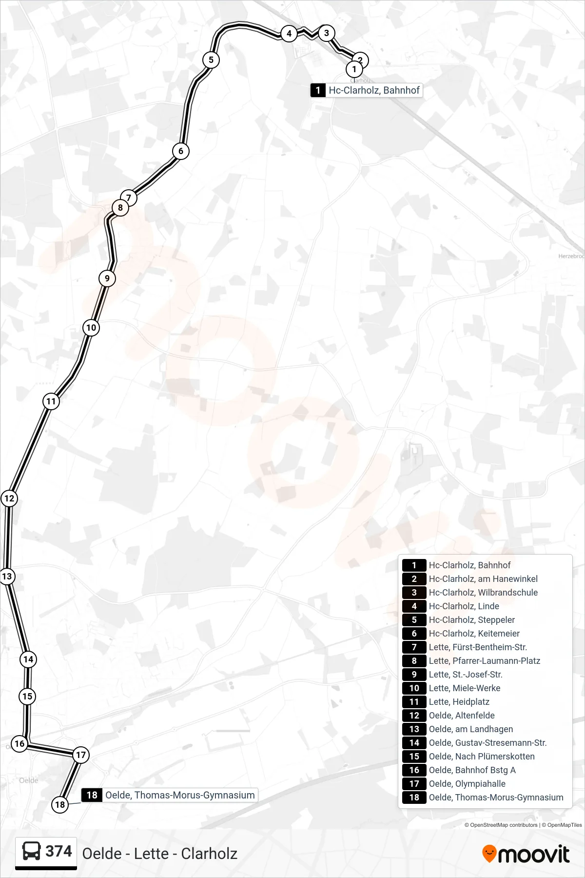 374 tram Line (Oelde, Thomas-Morus-Gymnasium) route and stops on a map