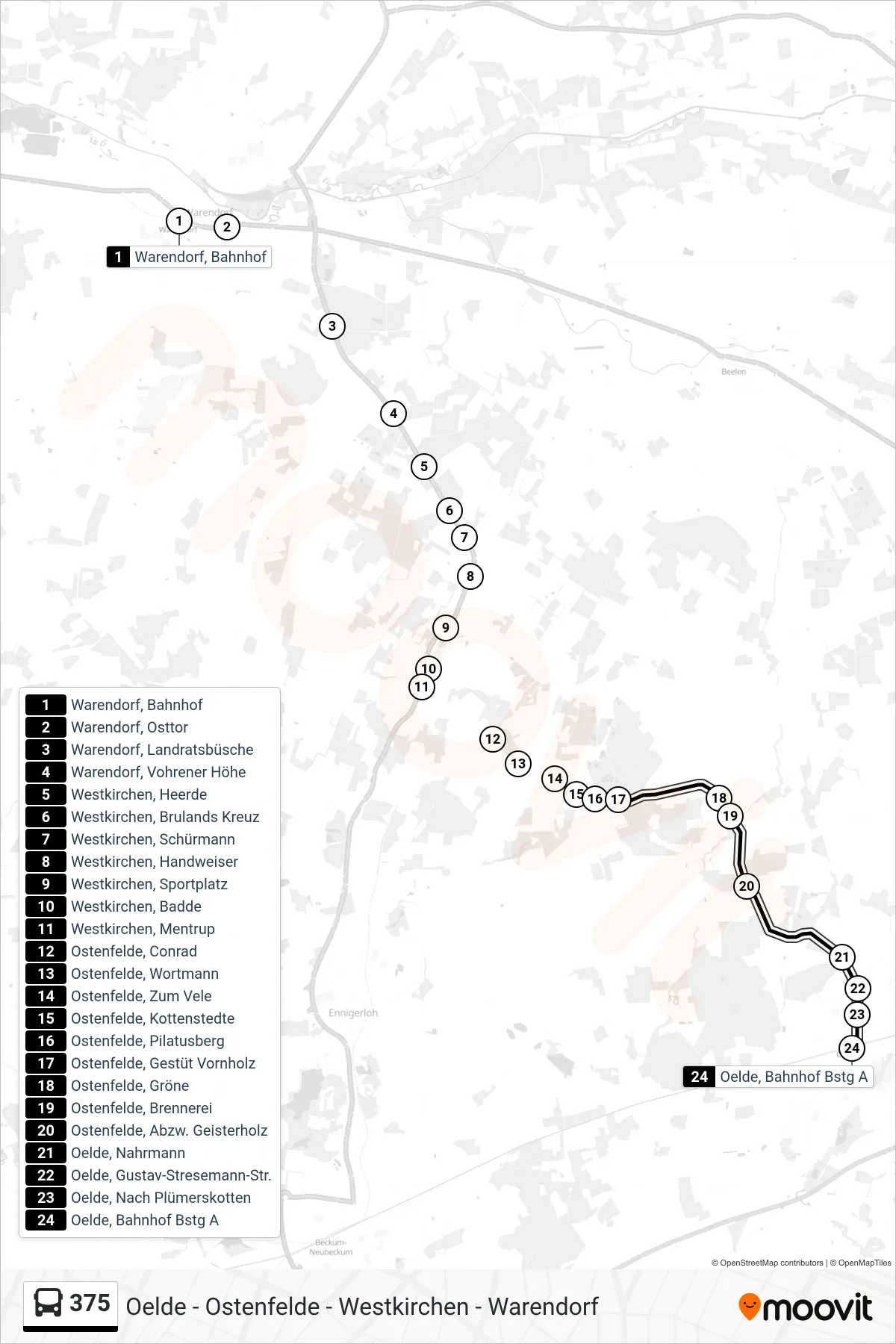 375 tram Line (Oelde, Bahnhof Bstg A) route and stops on a map