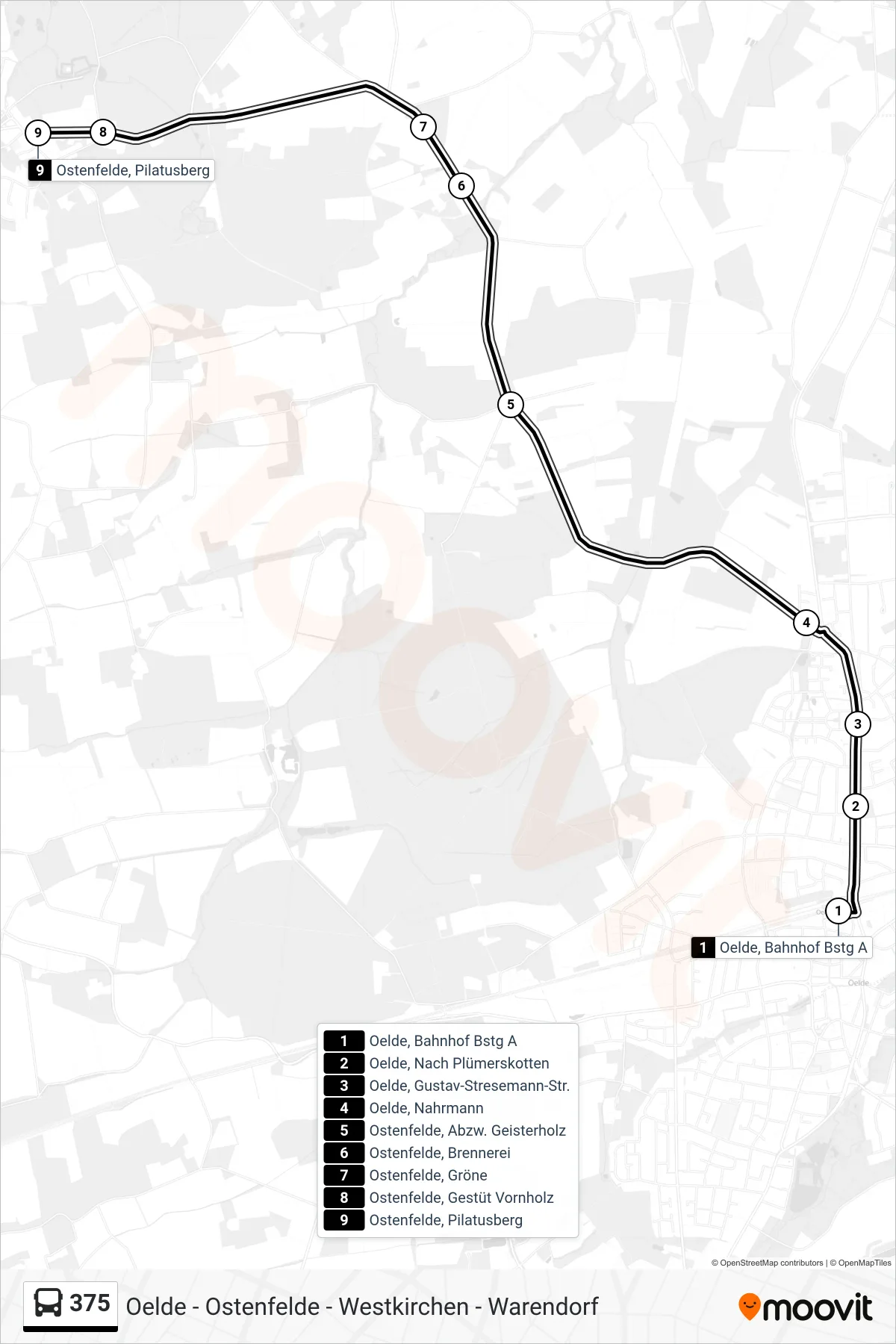 375 tram Line (Ostenfelde, Pilatusberg) route and stops on a map
