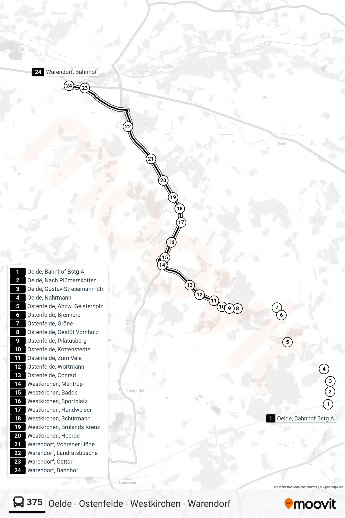 375 tram Line (Warendorf, Bahnhof Bstg 6f) route and stops on a map