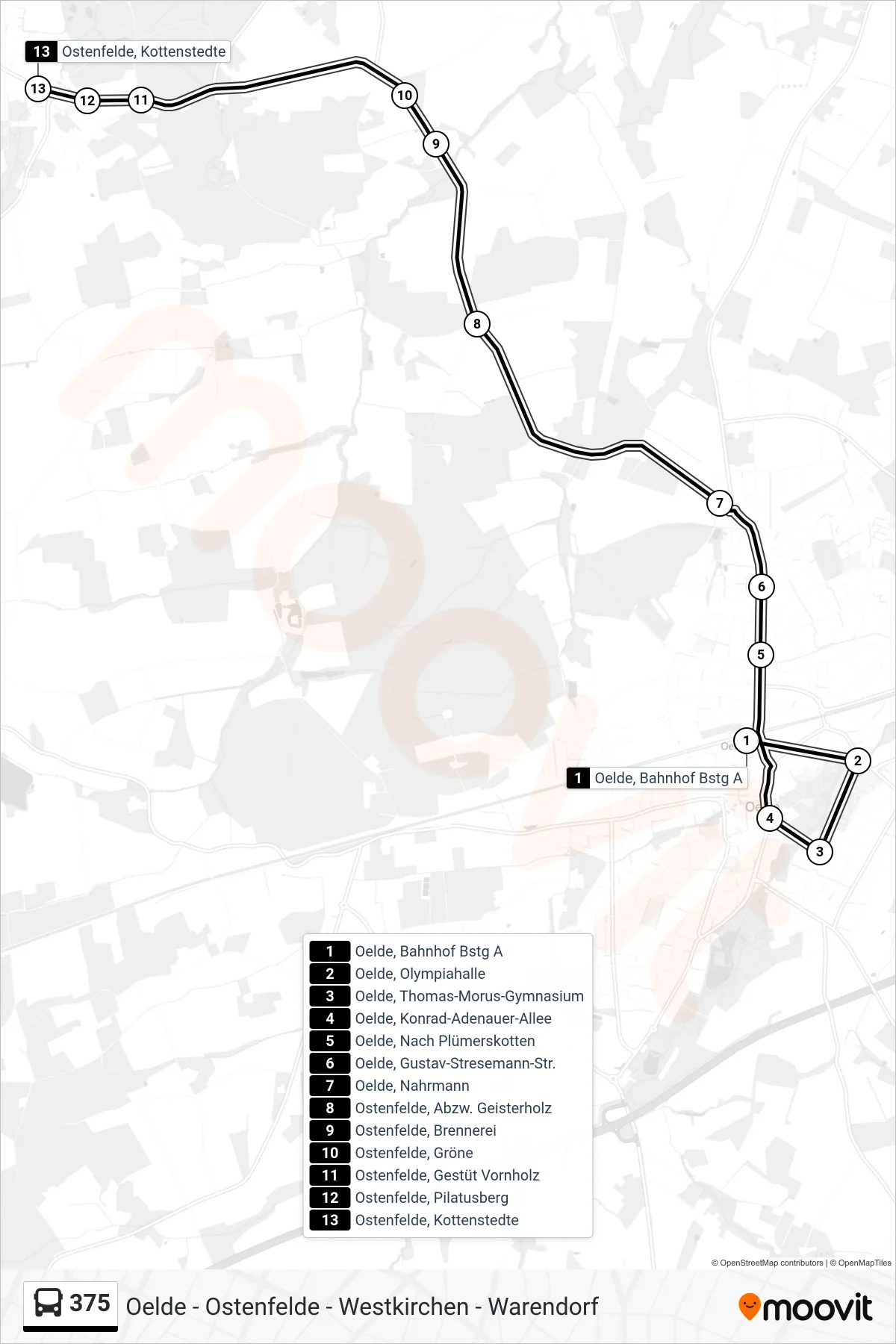 Linie 375 (Tram) Richtung Ostenfelde, Kottenstedte: Route und Haltestellen auf der Karte