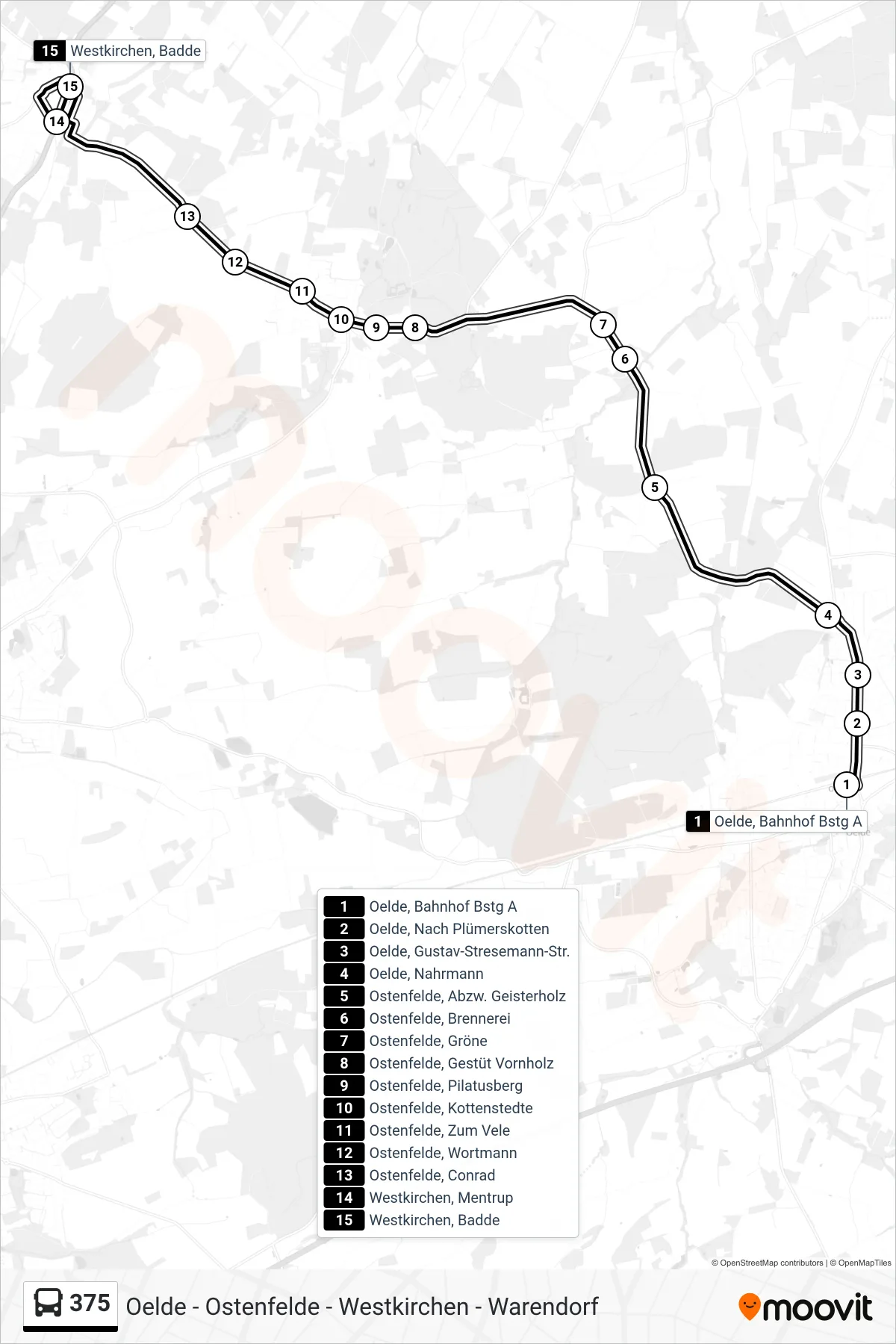 375 tram Line (Westkirchen, Badde) route and stops on a map