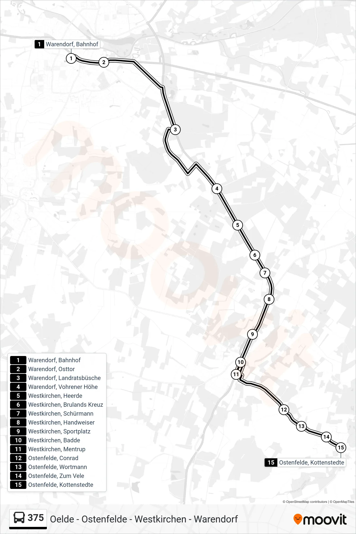 375 tram Line (Ostenfelde, Kottenstedte) route and stops on a map