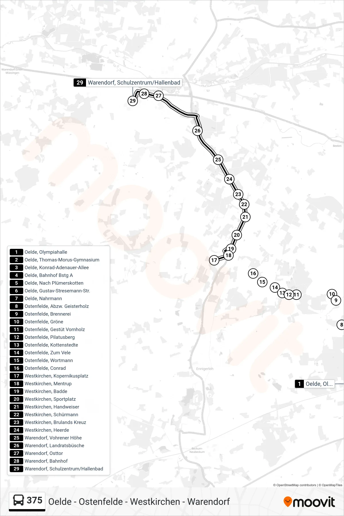 375 tram Line (Warendorf, Schulzentrum/Hallenbad) route and stops on a map