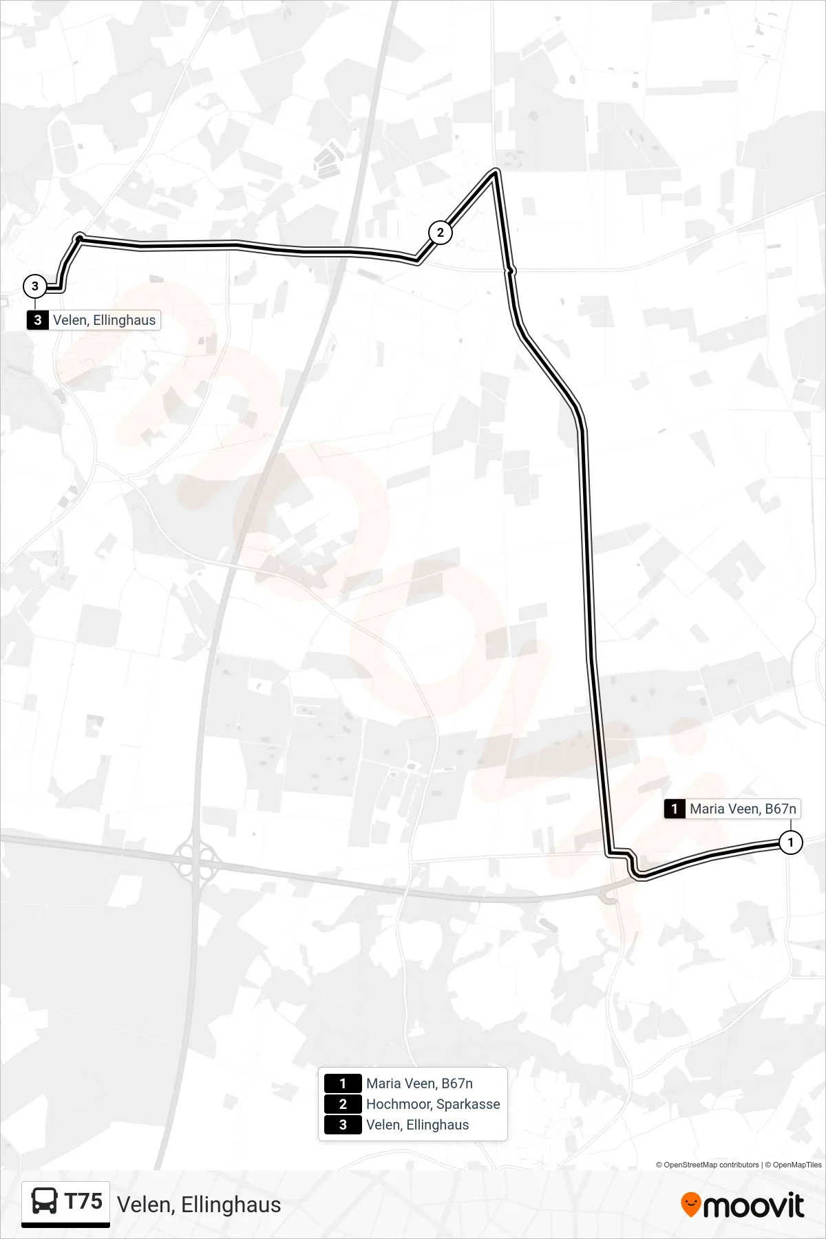 Linie T75 (Tram) Richtung Velen, Ellinghaus: Route und Haltestellen auf der Karte