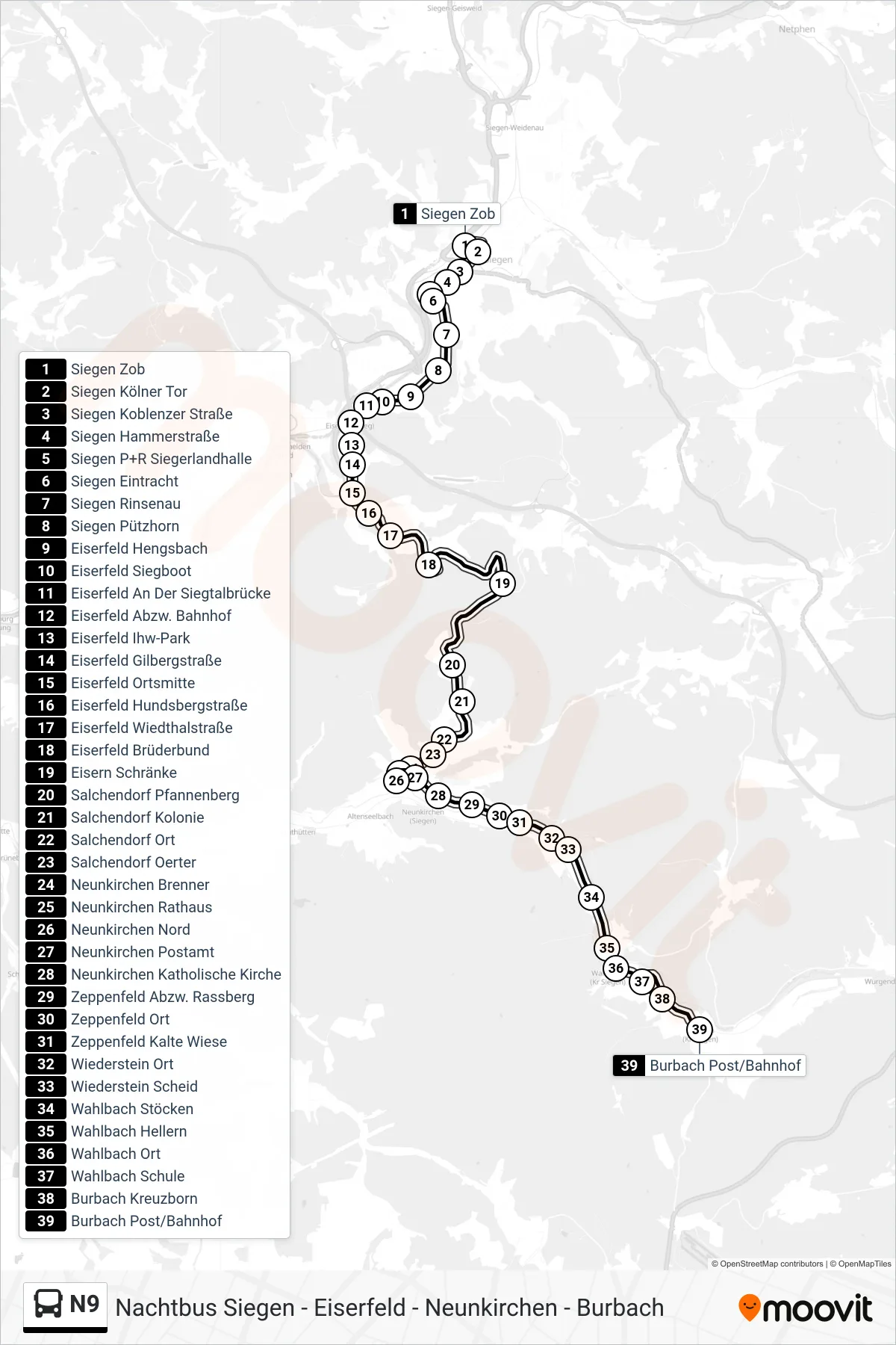 N9 bus Line (Burbach Post/Bahnhof) route and stops on a map