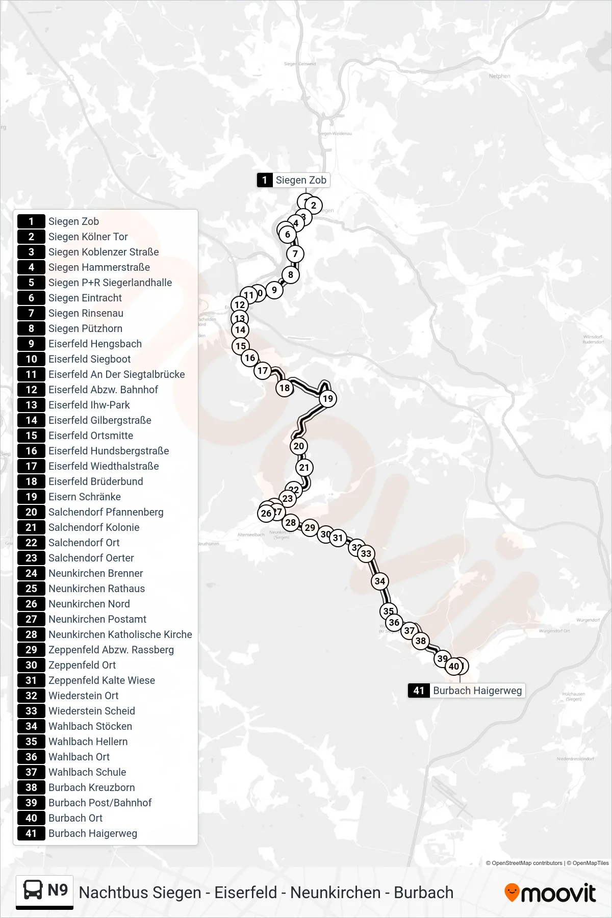 N9 bus Line (Burbach Haigerweg) route and stops on a map