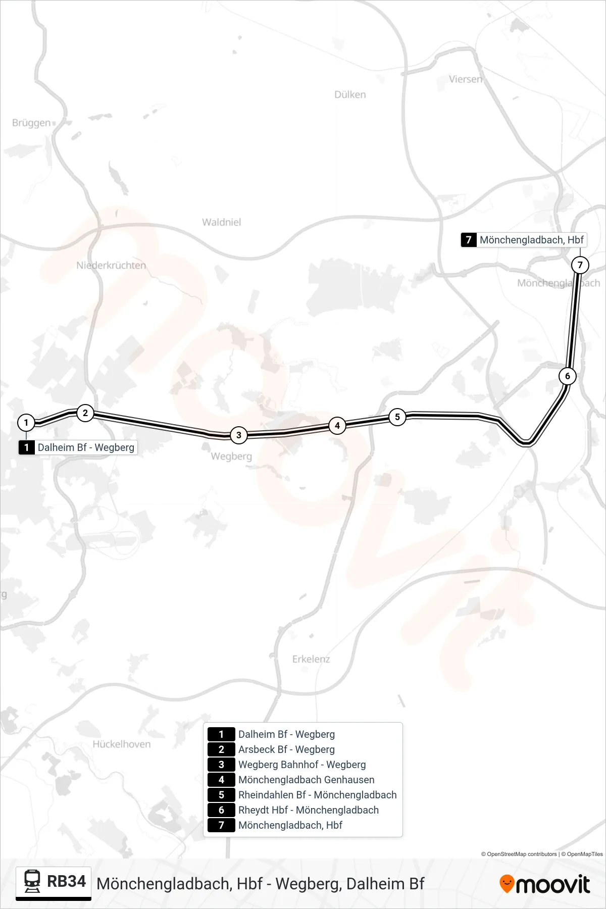 Linie RB34 (Tram) Richtung Mönchengladbach, Hbf: Route und Haltestellen auf der Karte