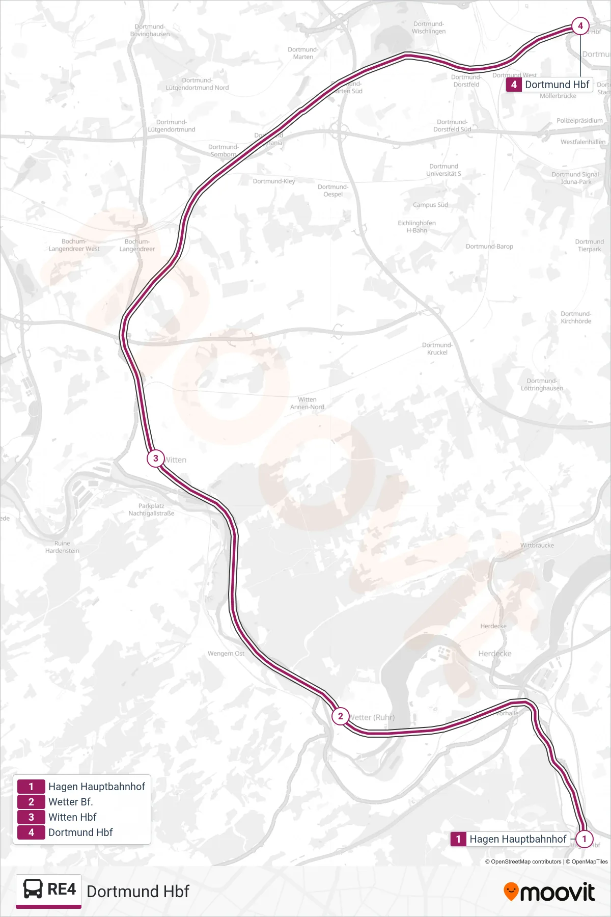 RE4 bus Line (Dortmund Hbf) route and stops on a map