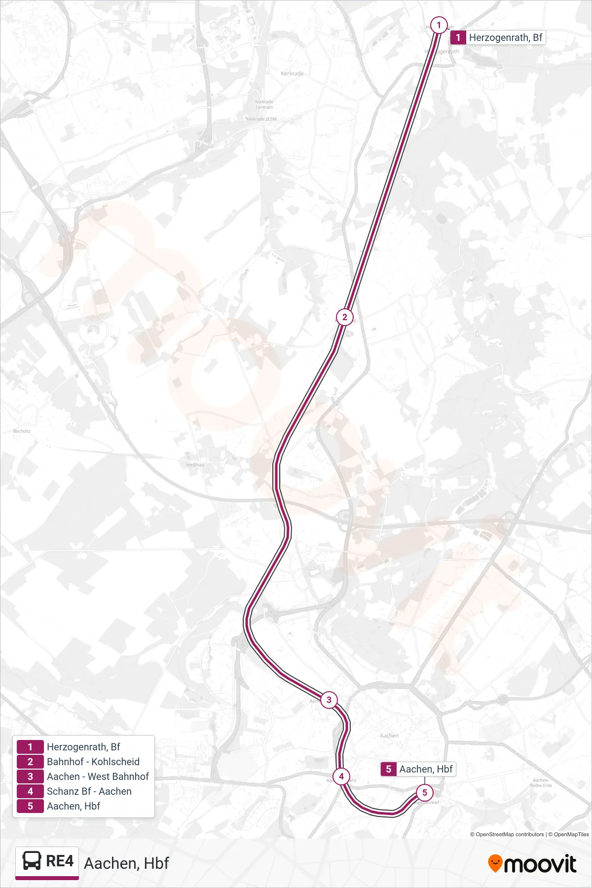 RE4 bus Line (Aachen, Hbf) route and stops on a map