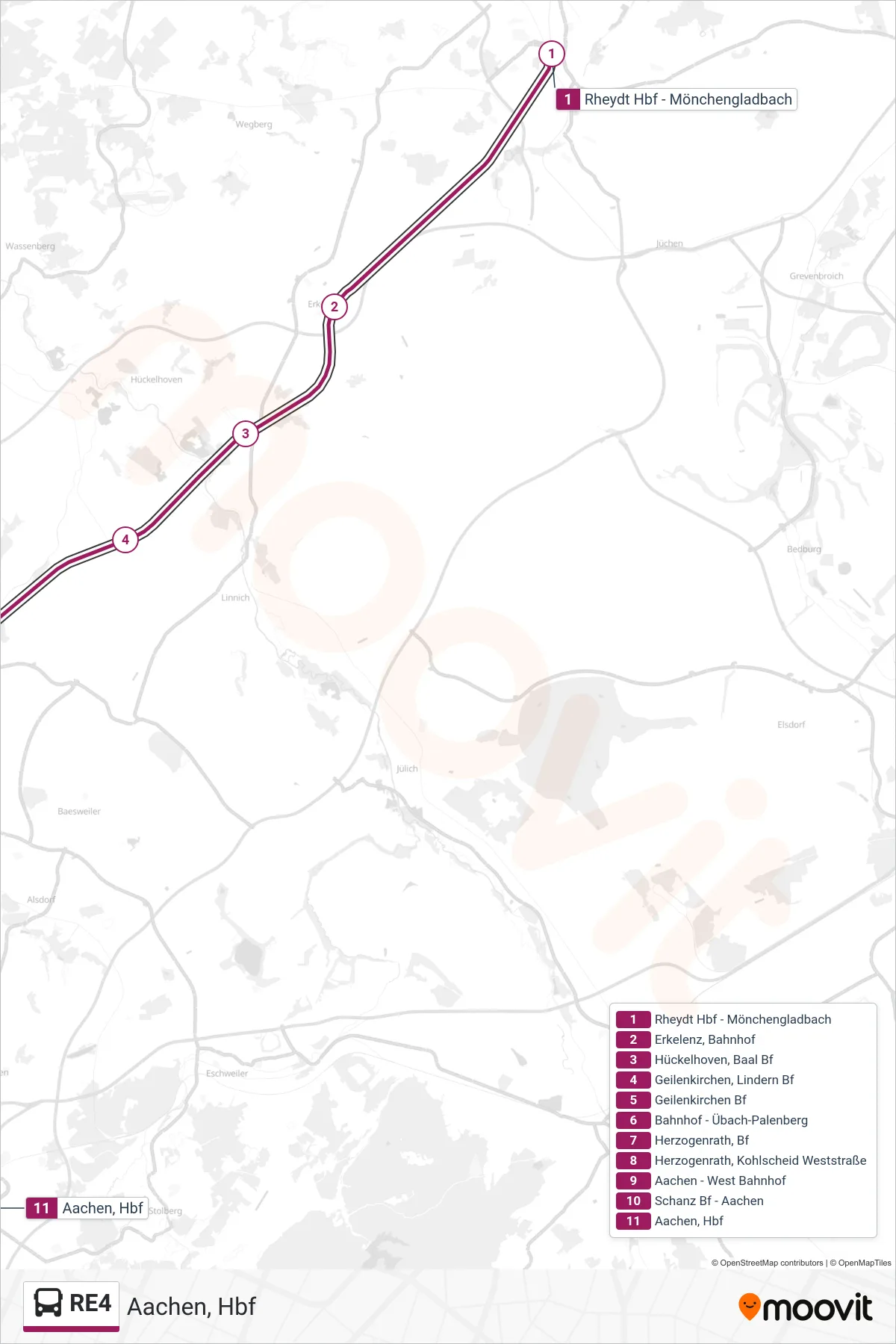 RE4 bus Line (Aachen, Hbf) route and stops on a map