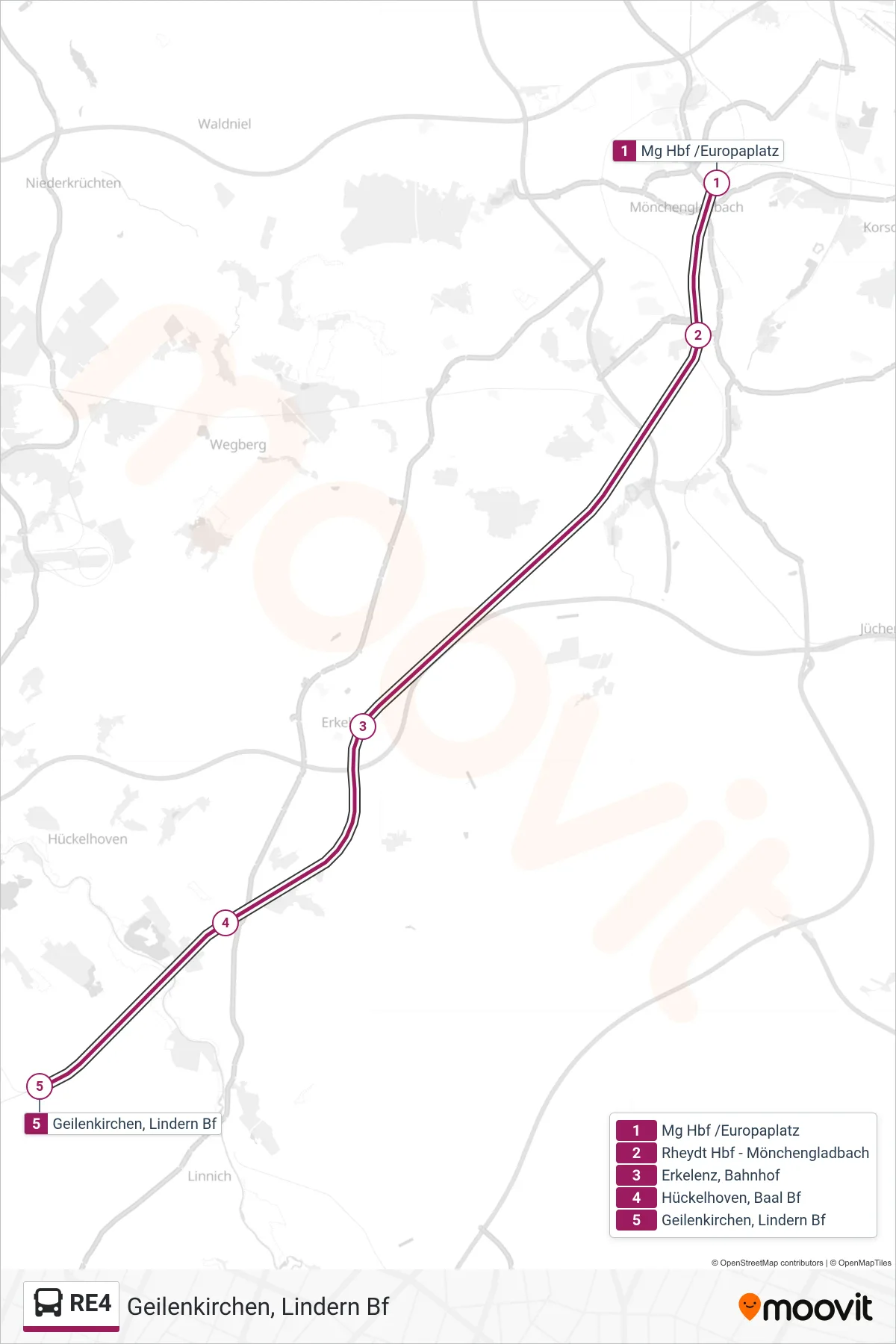 RE4 bus Line (Geilenkirchen, Lindern Bf) route and stops on a map