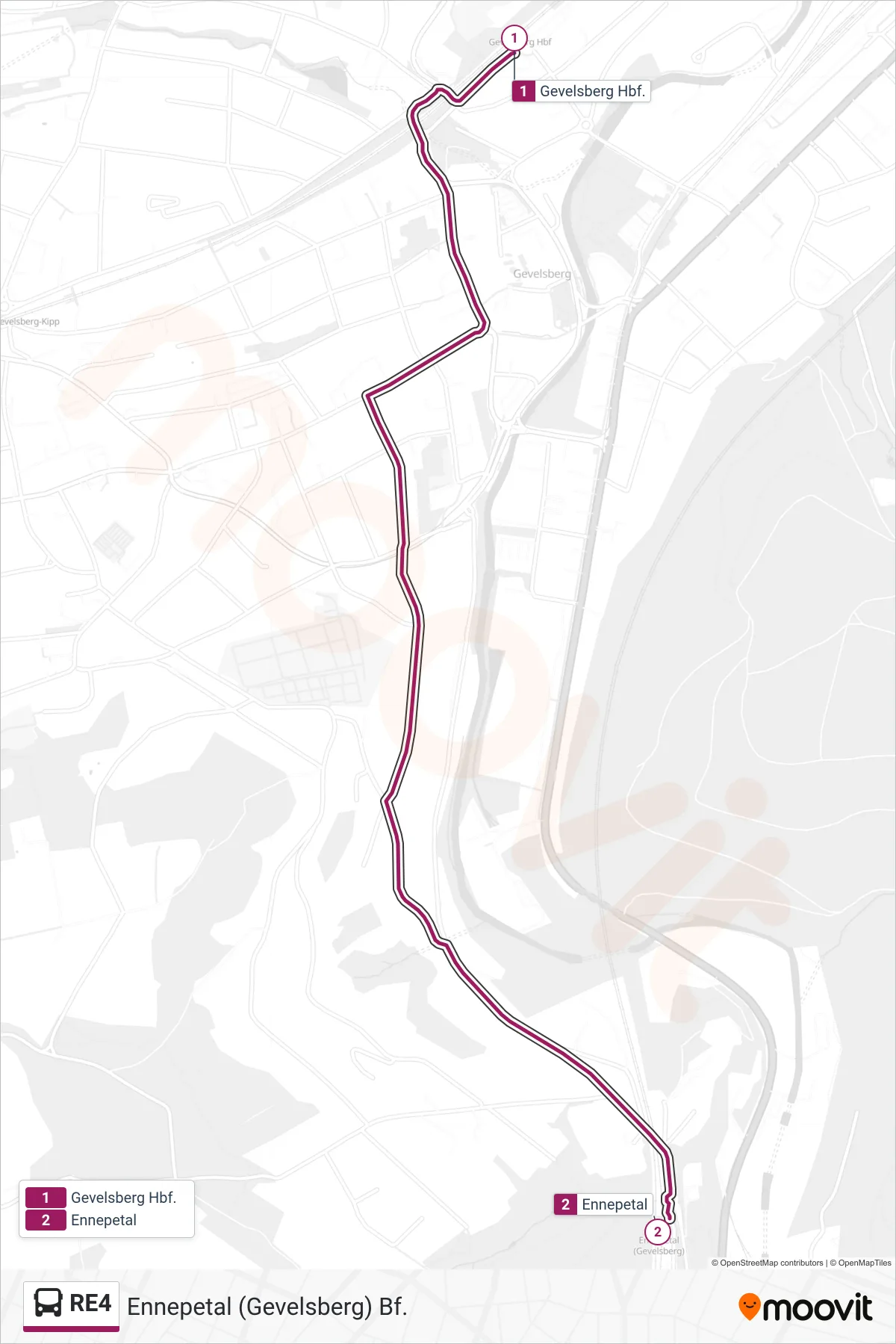 Linie RE4 (Bus) Richtung Ennepetal (Gevelsberg) Bf.: Route und Haltestellen auf der Karte