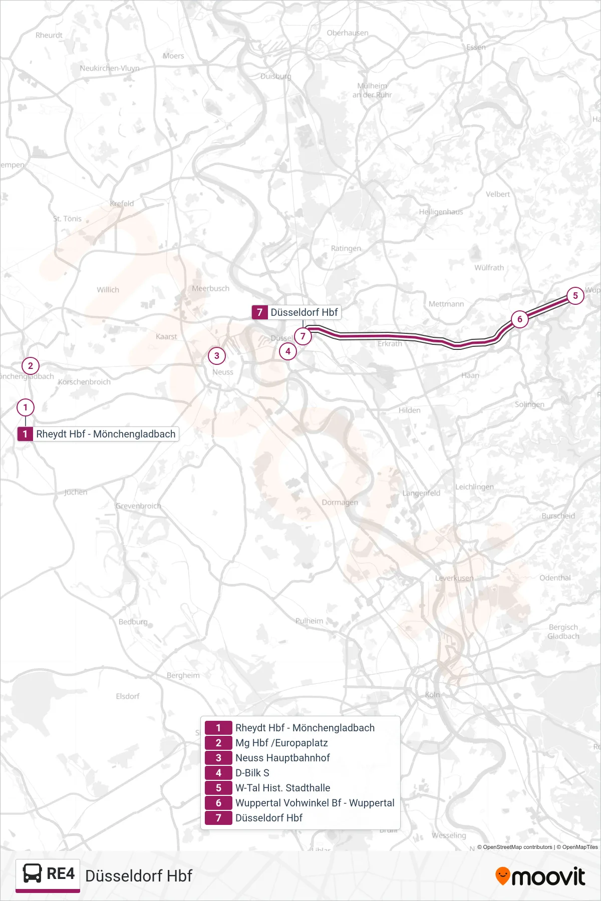 RE4 bus Line (Düsseldorf Hbf) route and stops on a map