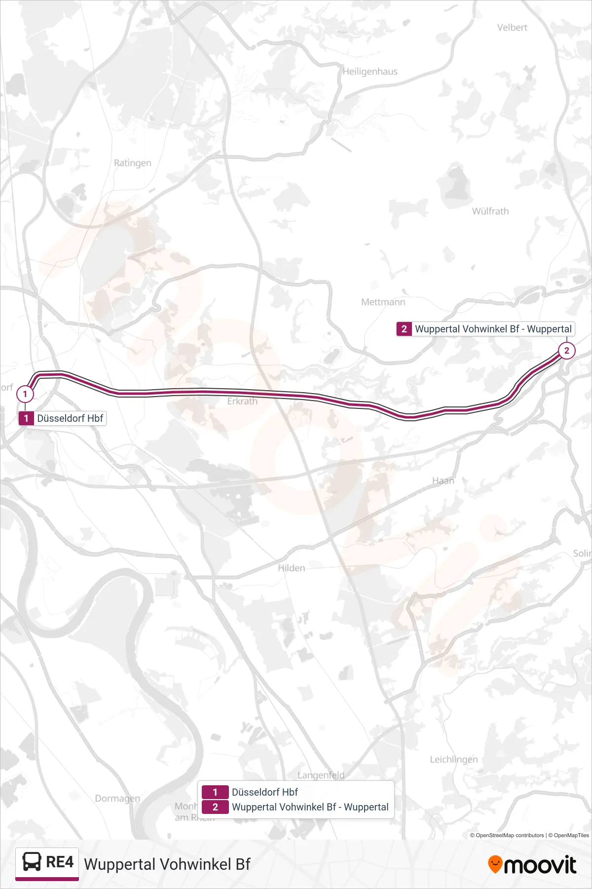 RE4 bus Line (Wuppertal Vohwinkel Bf) route and stops on a map