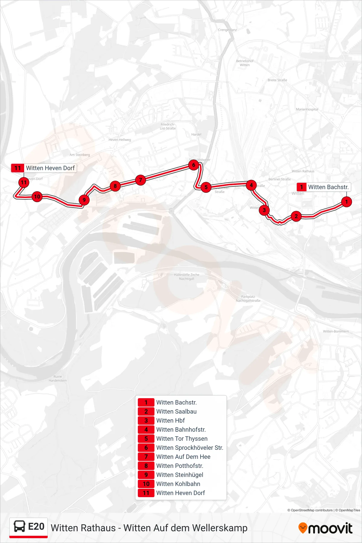 E20 bus Line (Witten Heven Dorf) route and stops on a map