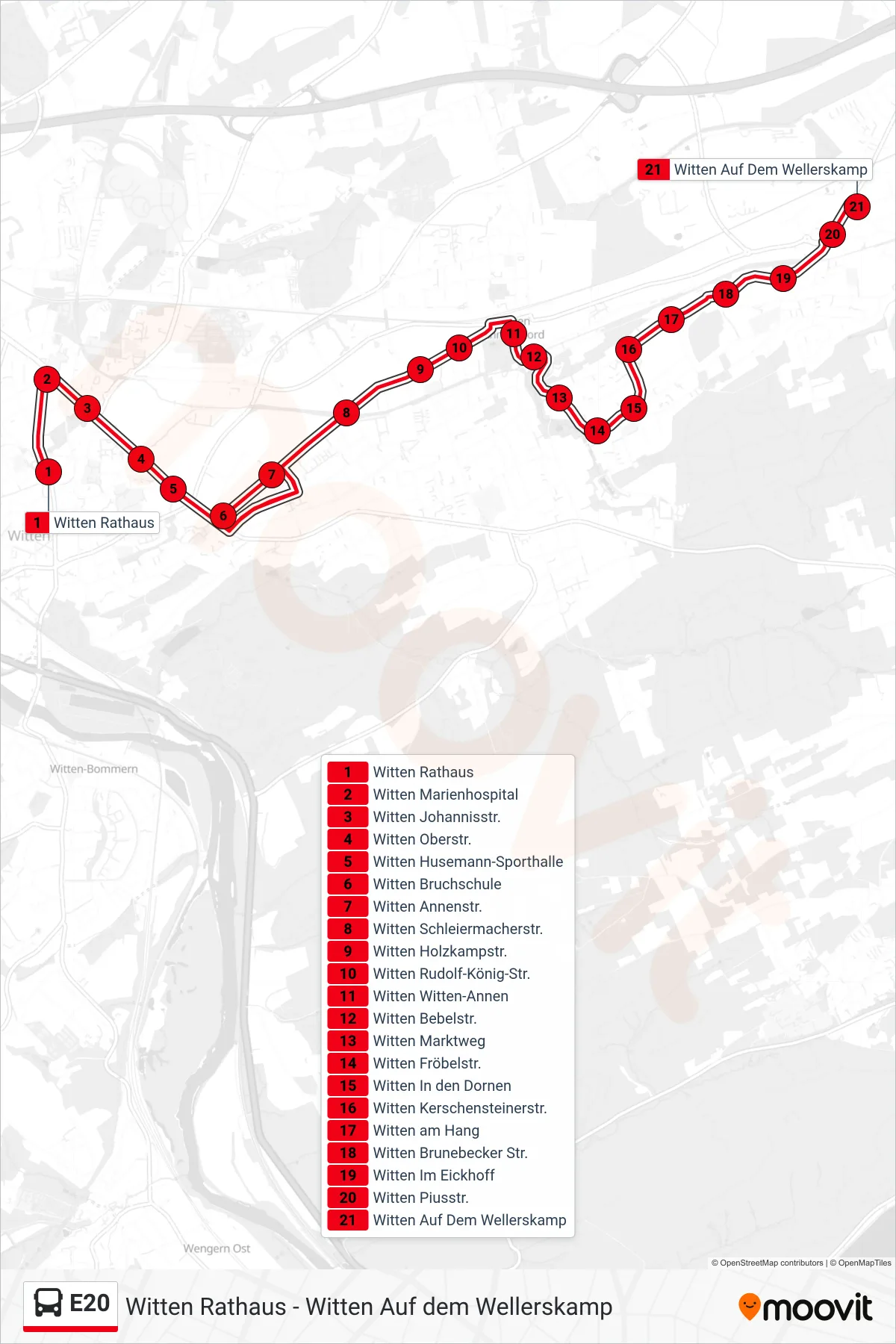 Linie E20 (Bus) Richtung Witten Auf Dem Wellerskamp: Route und Haltestellen auf der Karte