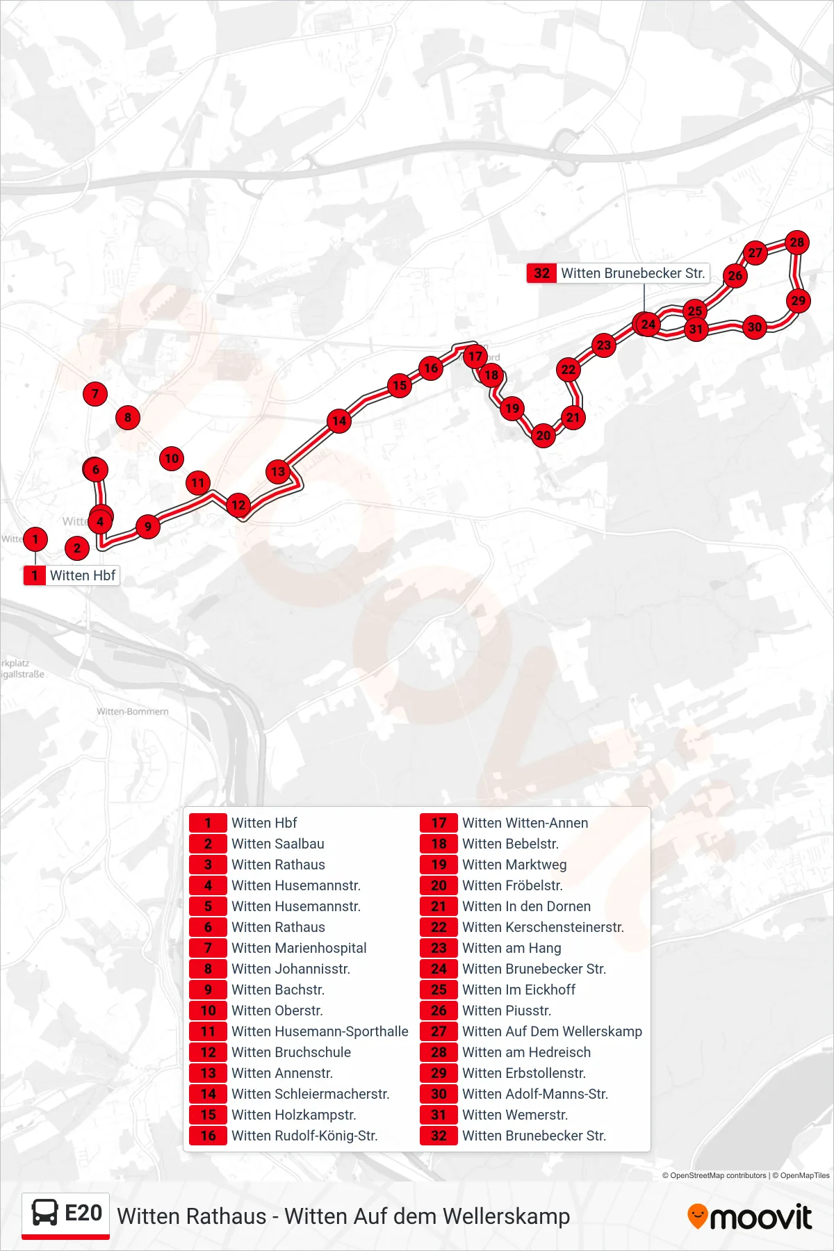 Linie E20 (Bus) Richtung Witten Brunebecker Str.: Route und Haltestellen auf der Karte