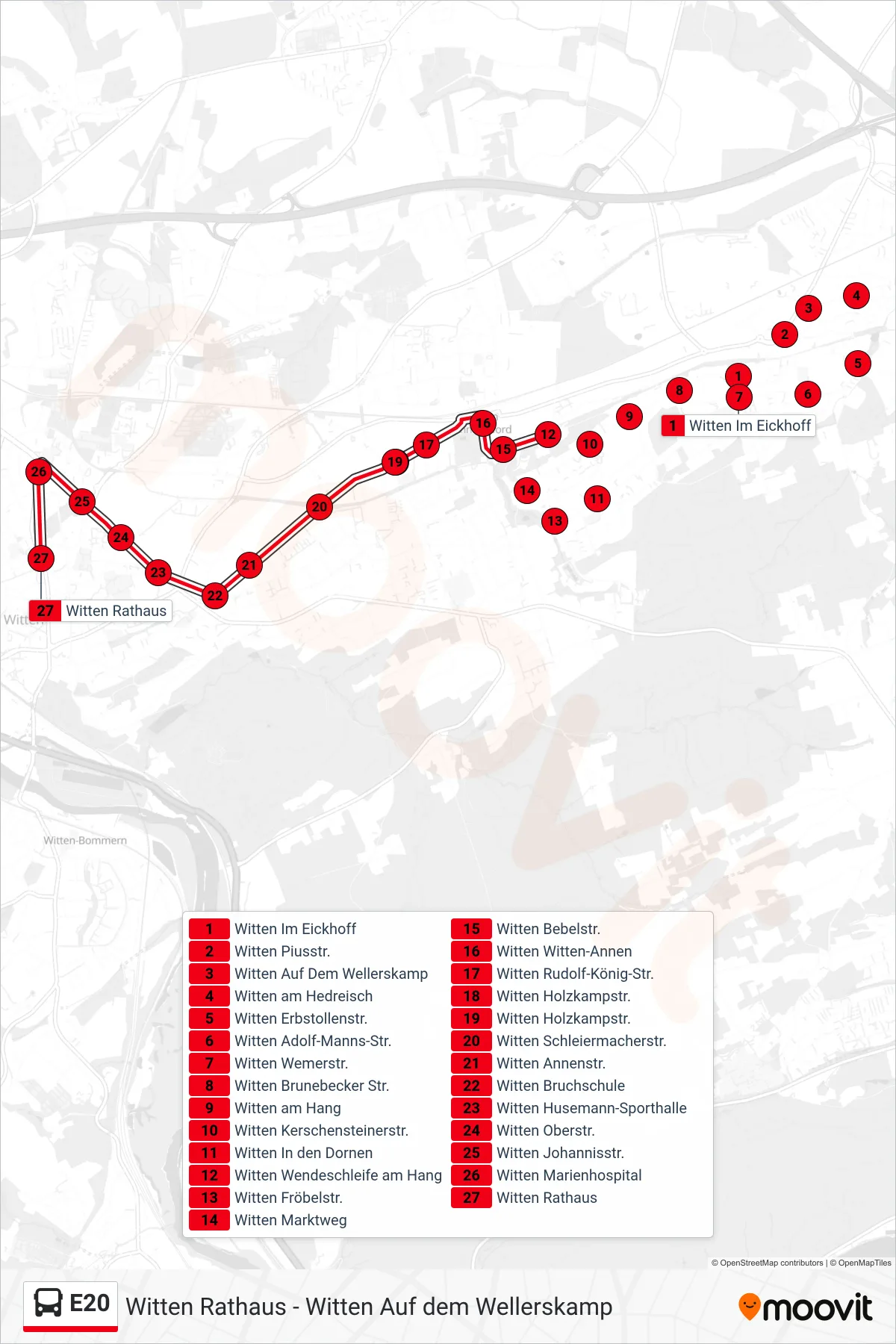 E20 bus Line (Witten Rathaus) route and stops on a map