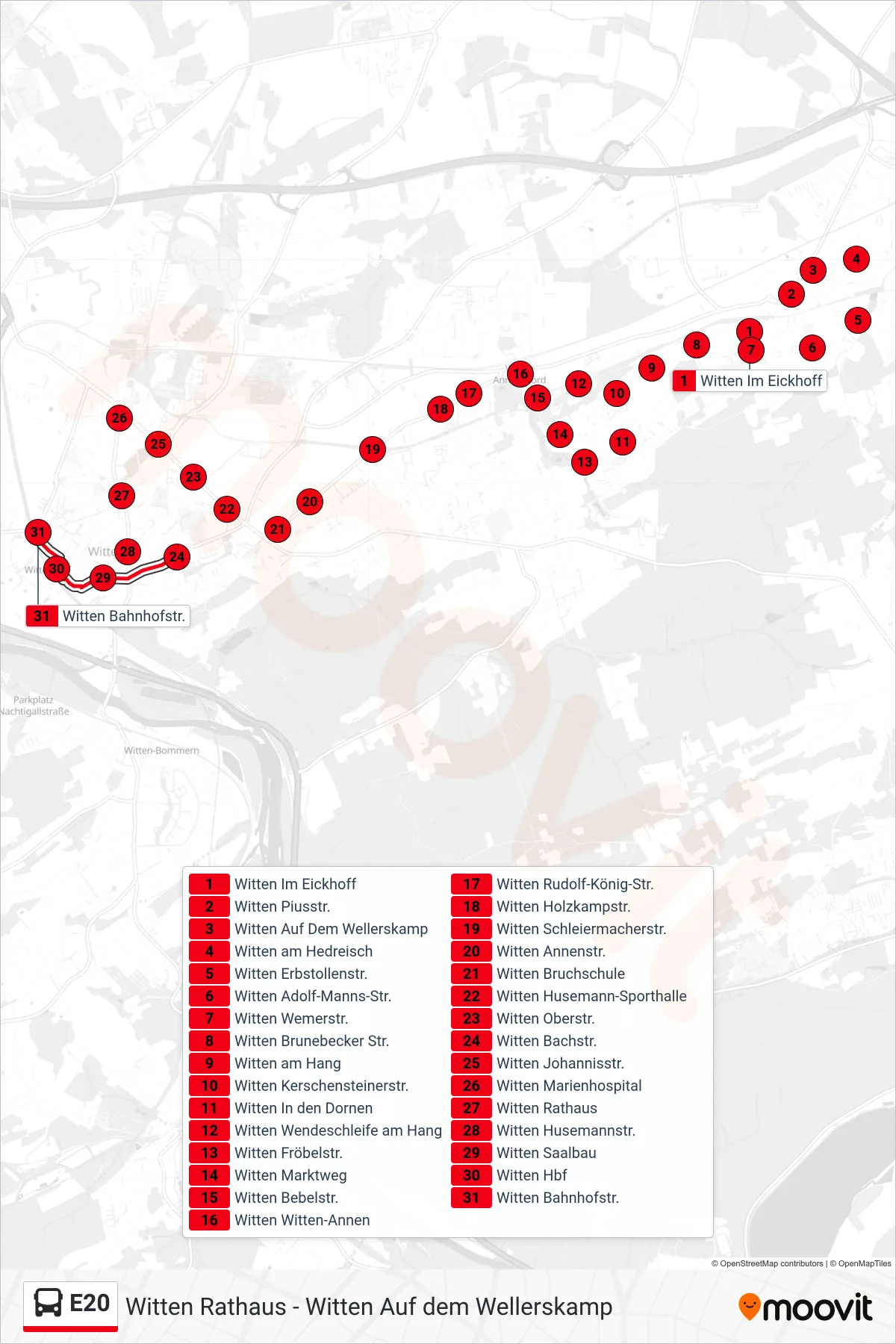 E20 bus Line (Witten Bahnhofstr.) route and stops on a map