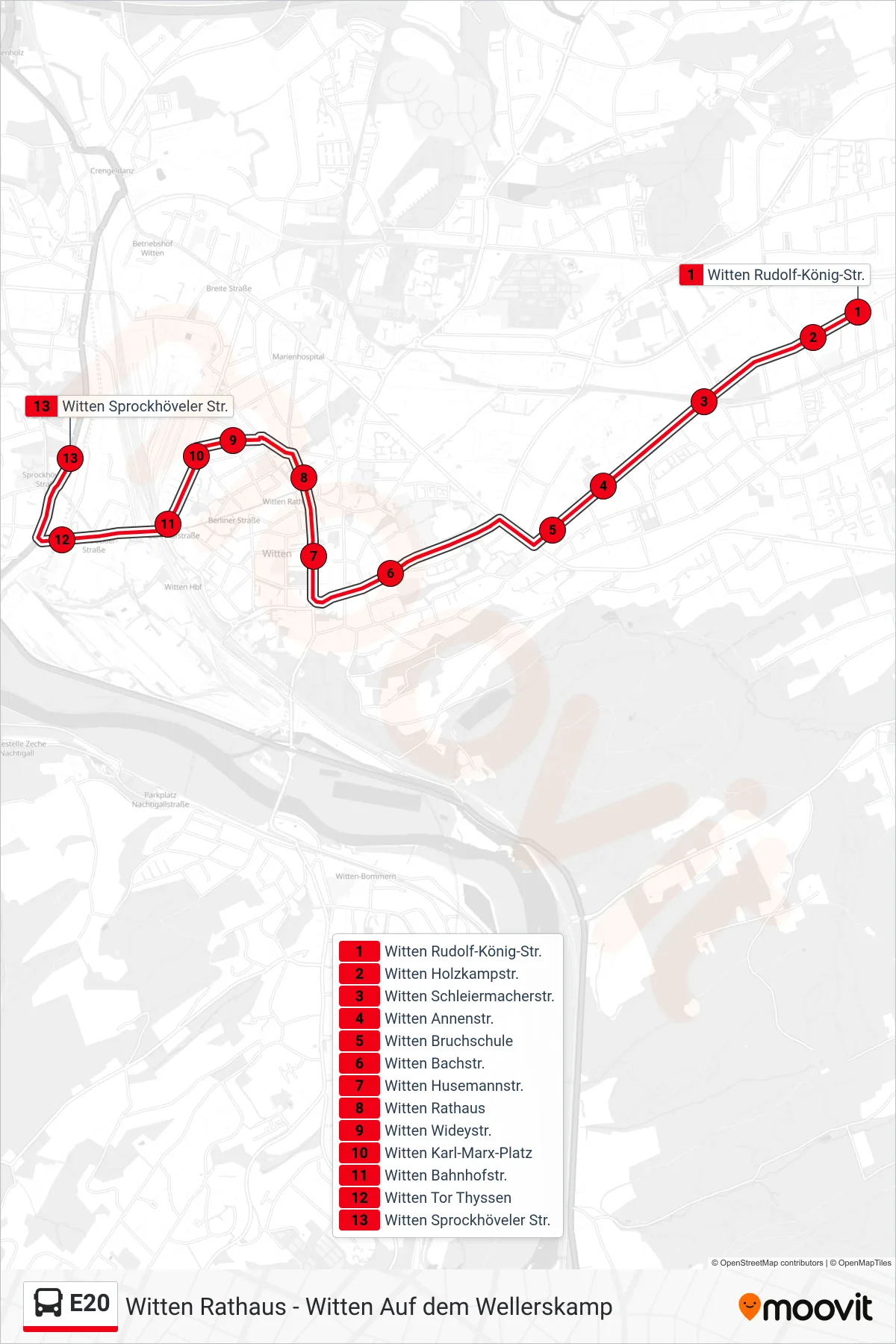 Linie E20 (Bus) Richtung Witten Sprockhöveler Str.: Route und Haltestellen auf der Karte
