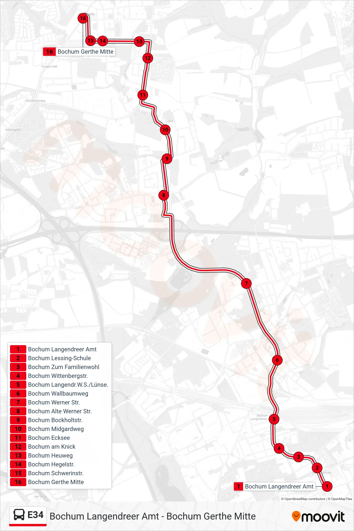 Linie E34 (Bus) Richtung Bochum Gerthe Mitte: Route und Haltestellen auf der Karte