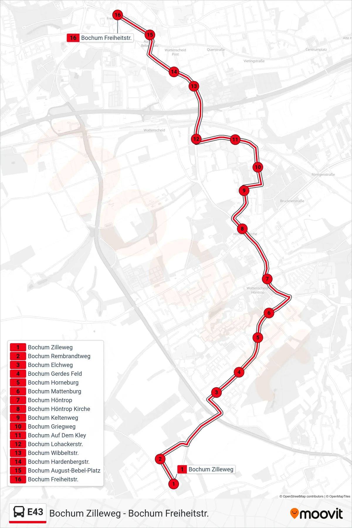 Linie E43 (Bus) Richtung Bochum Freiheitstr.: Route und Haltestellen auf der Karte