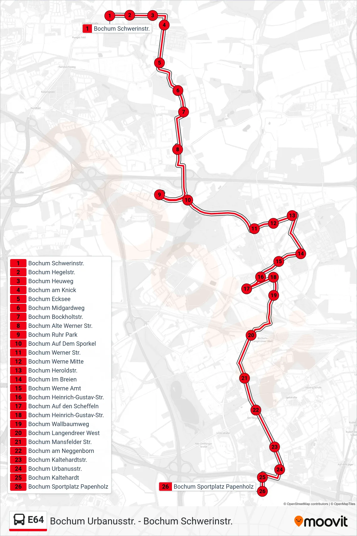 Linie E64 (Bus) Richtung Bochum Sportplatz Papenholz: Route und Haltestellen auf der Karte