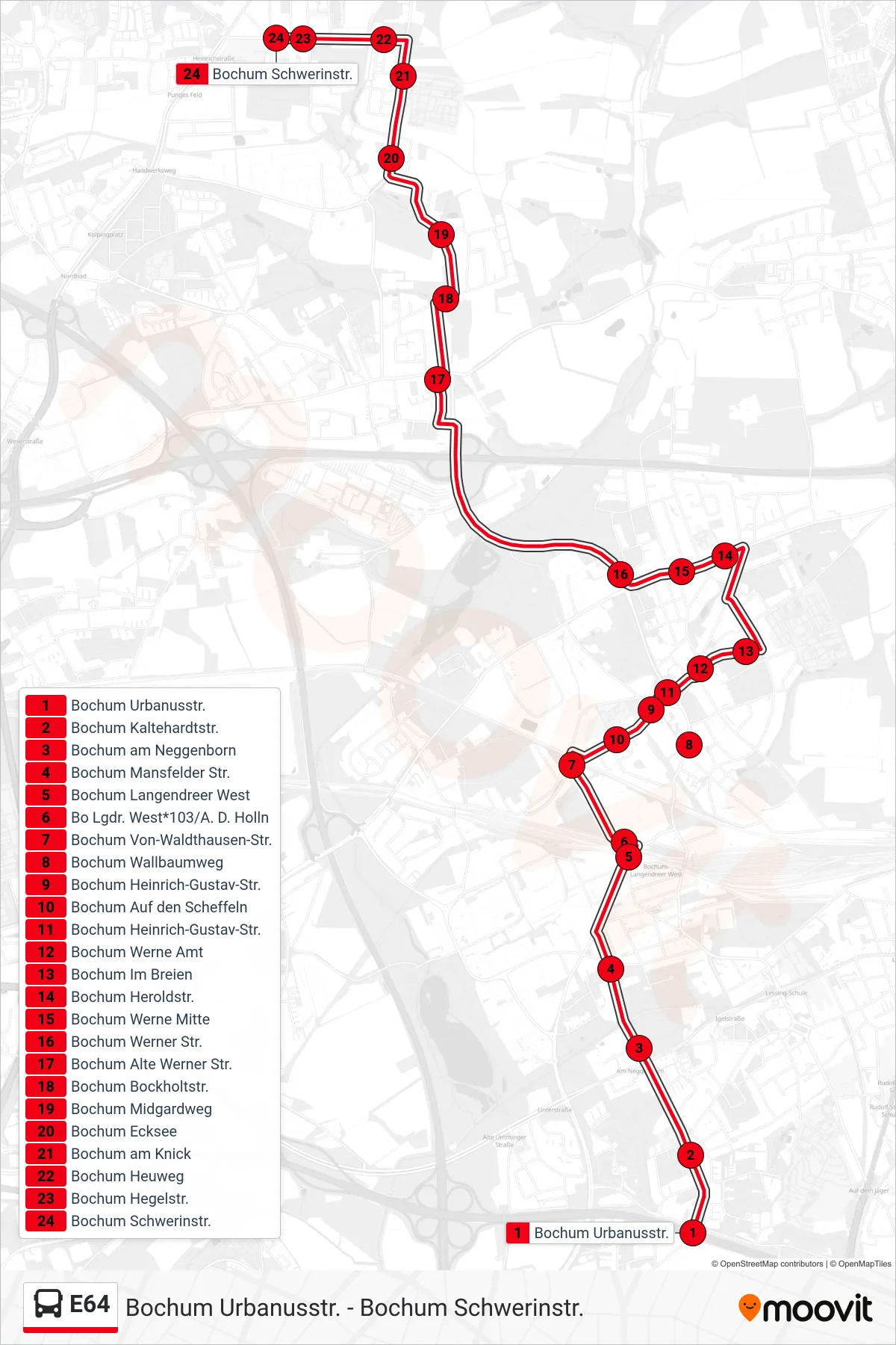 Linie E64 (Bus) Richtung Bochum Schwerinstr.: Route und Haltestellen auf der Karte