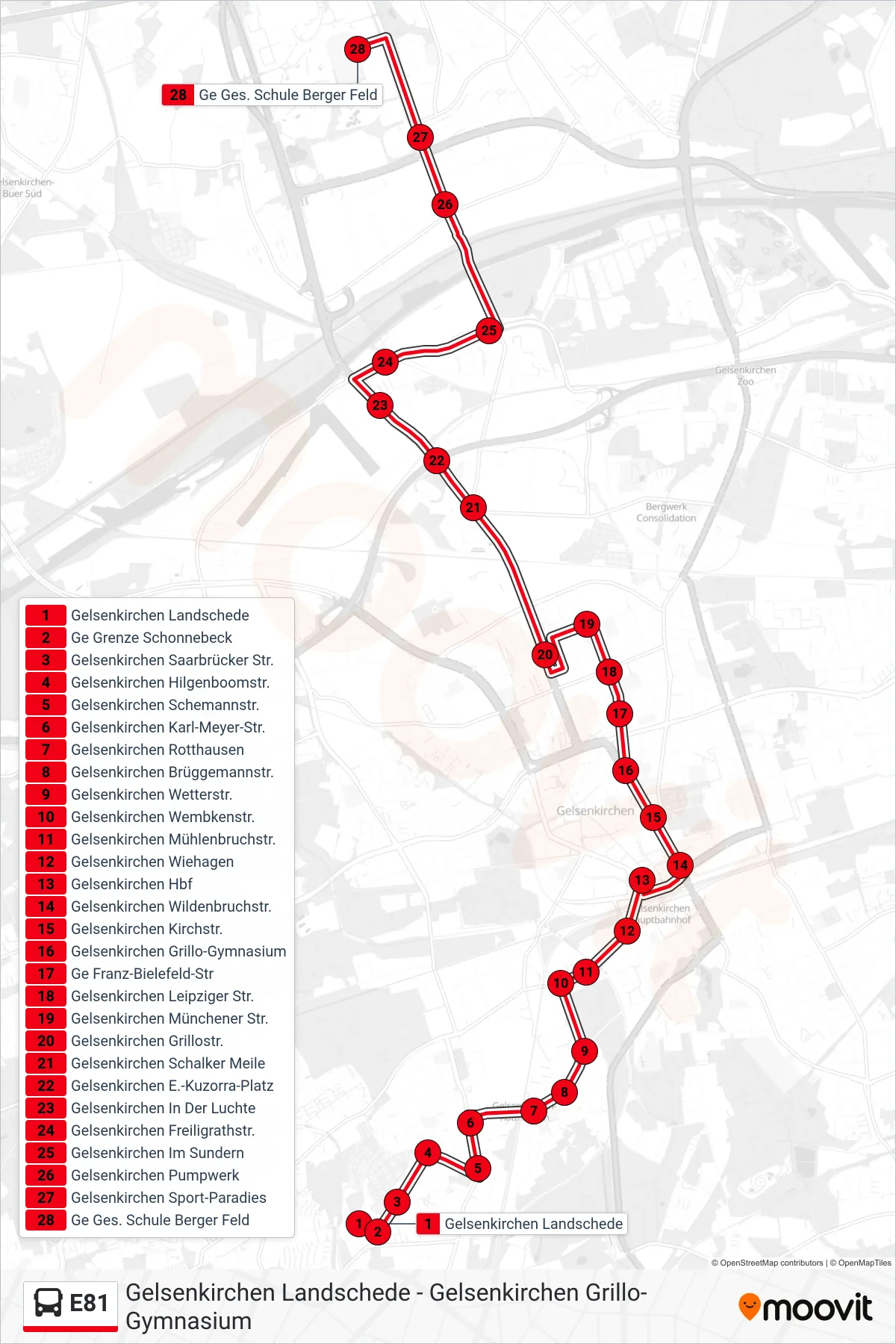 Linie E81 (Bus) Richtung Ge Ges. Schule Berger Feld: Route und Haltestellen auf der Karte