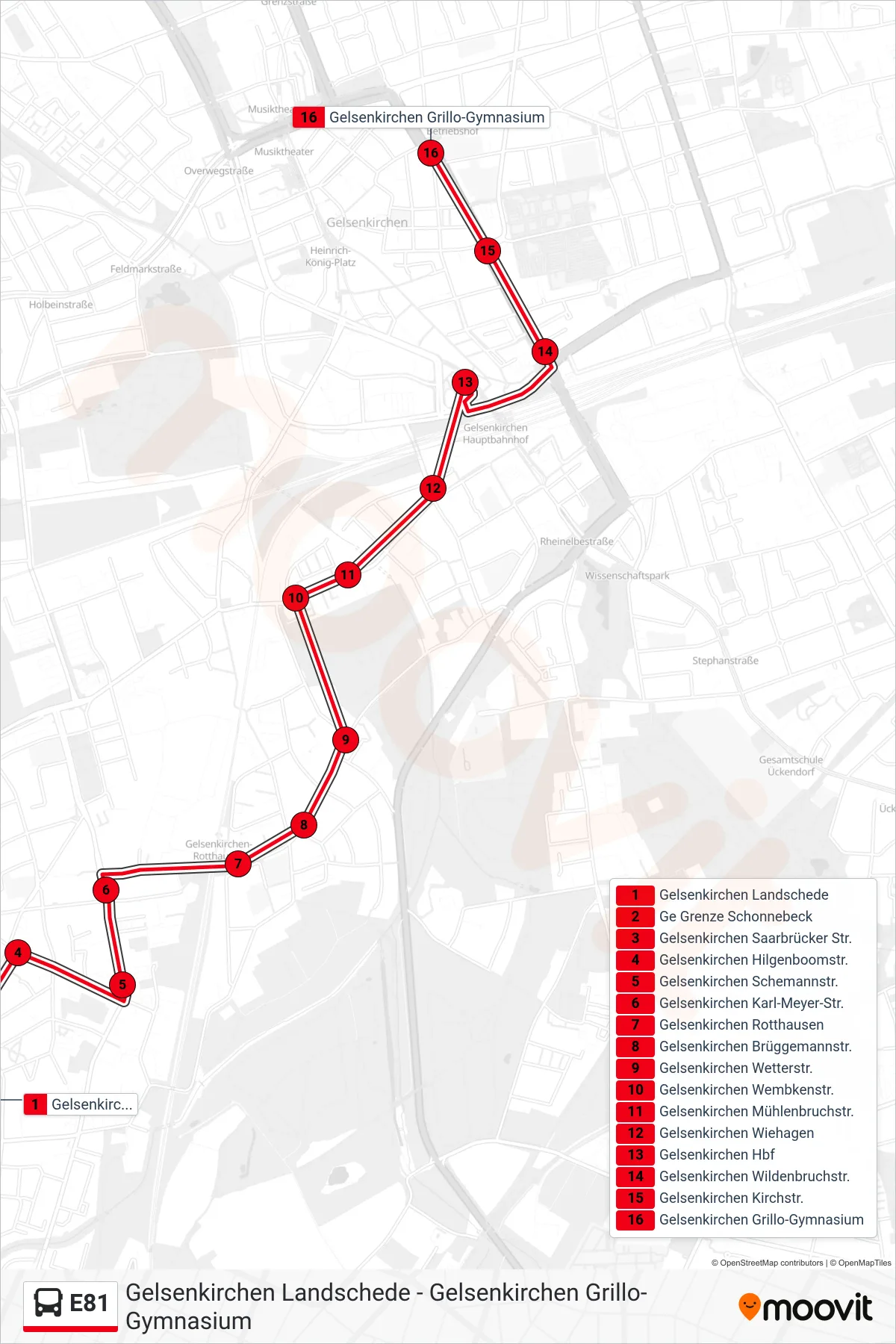 Linie E81 (Bus) Richtung Gelsenkirchen Grillo-Gymnasium: Route und Haltestellen auf der Karte
