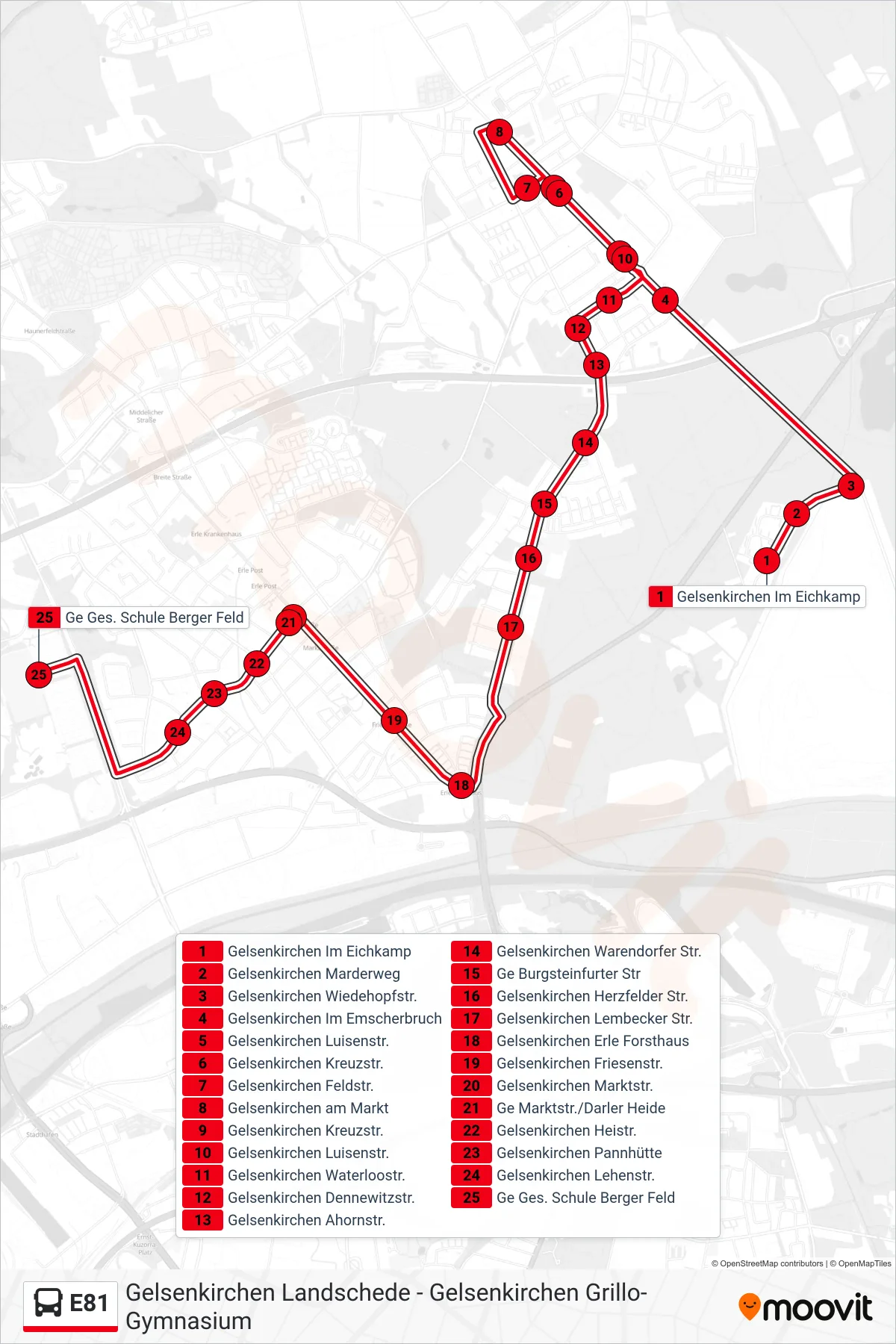 Linie E81 (Bus) Richtung Ge Ges. Schule Berger Feld: Route und Haltestellen auf der Karte