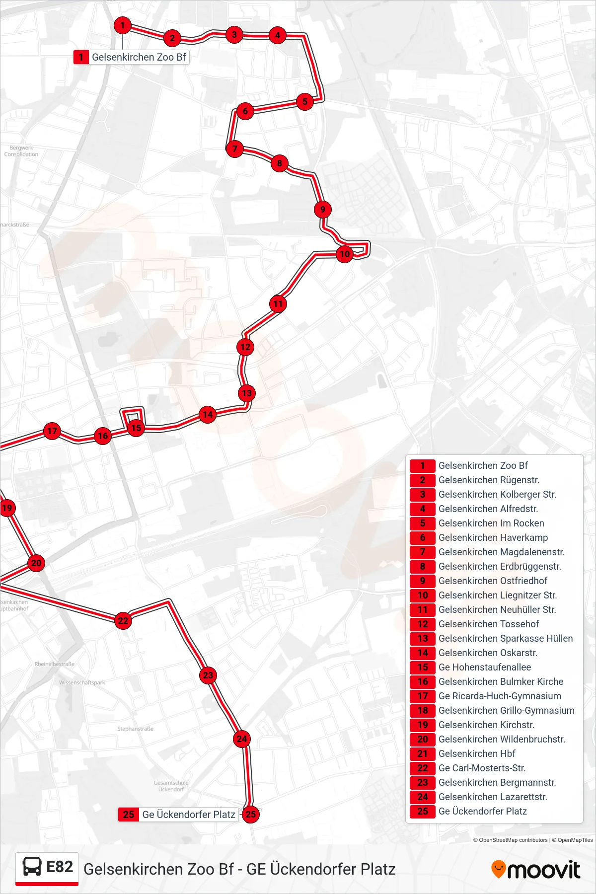 E82 bus Line (Ge Ückendorfer Platz) route and stops on a map