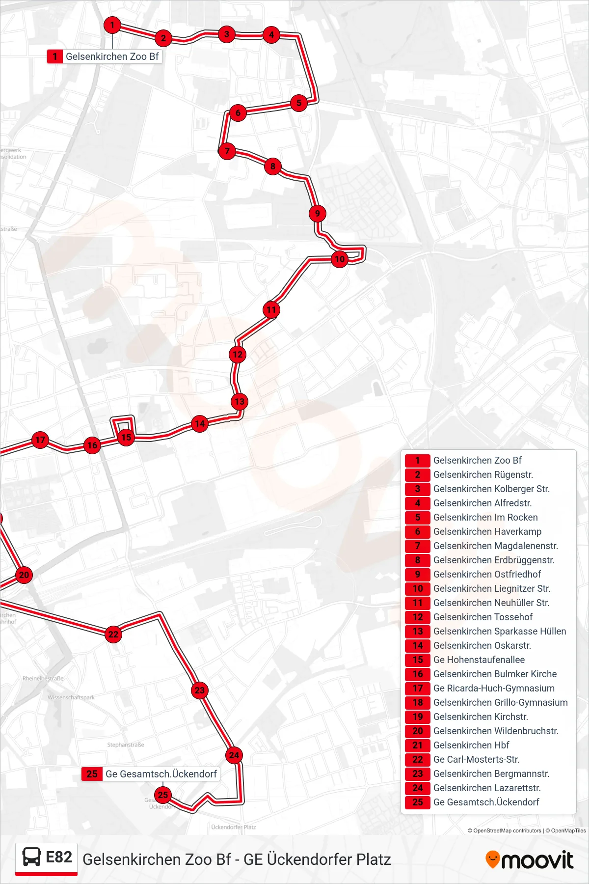 Linie E82 (Bus) Richtung Ge Gesamtsch.Ückendorf: Route und Haltestellen auf der Karte