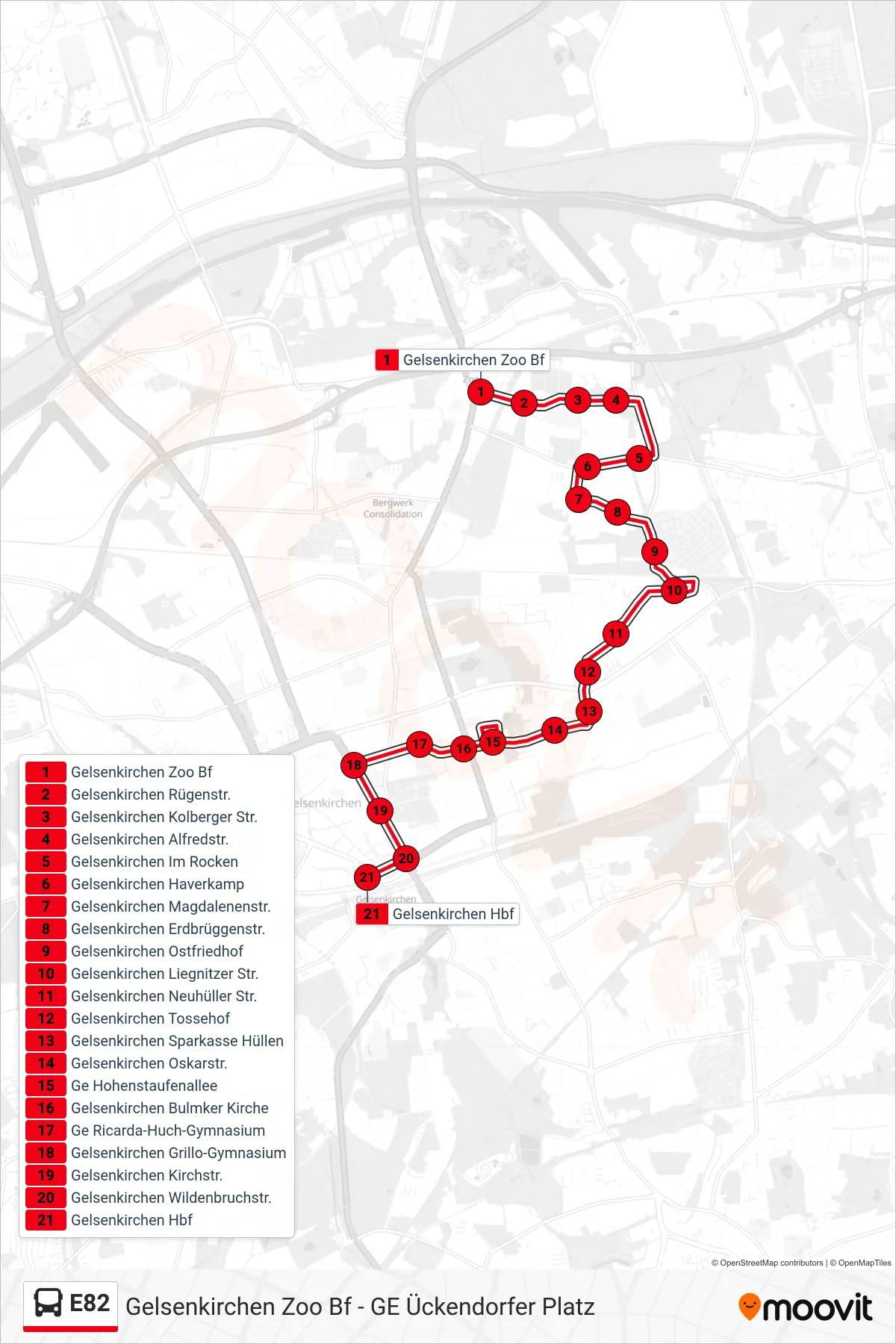 Linie E82 (Bus) Richtung Gelsenkirchen Hbf: Route und Haltestellen auf der Karte